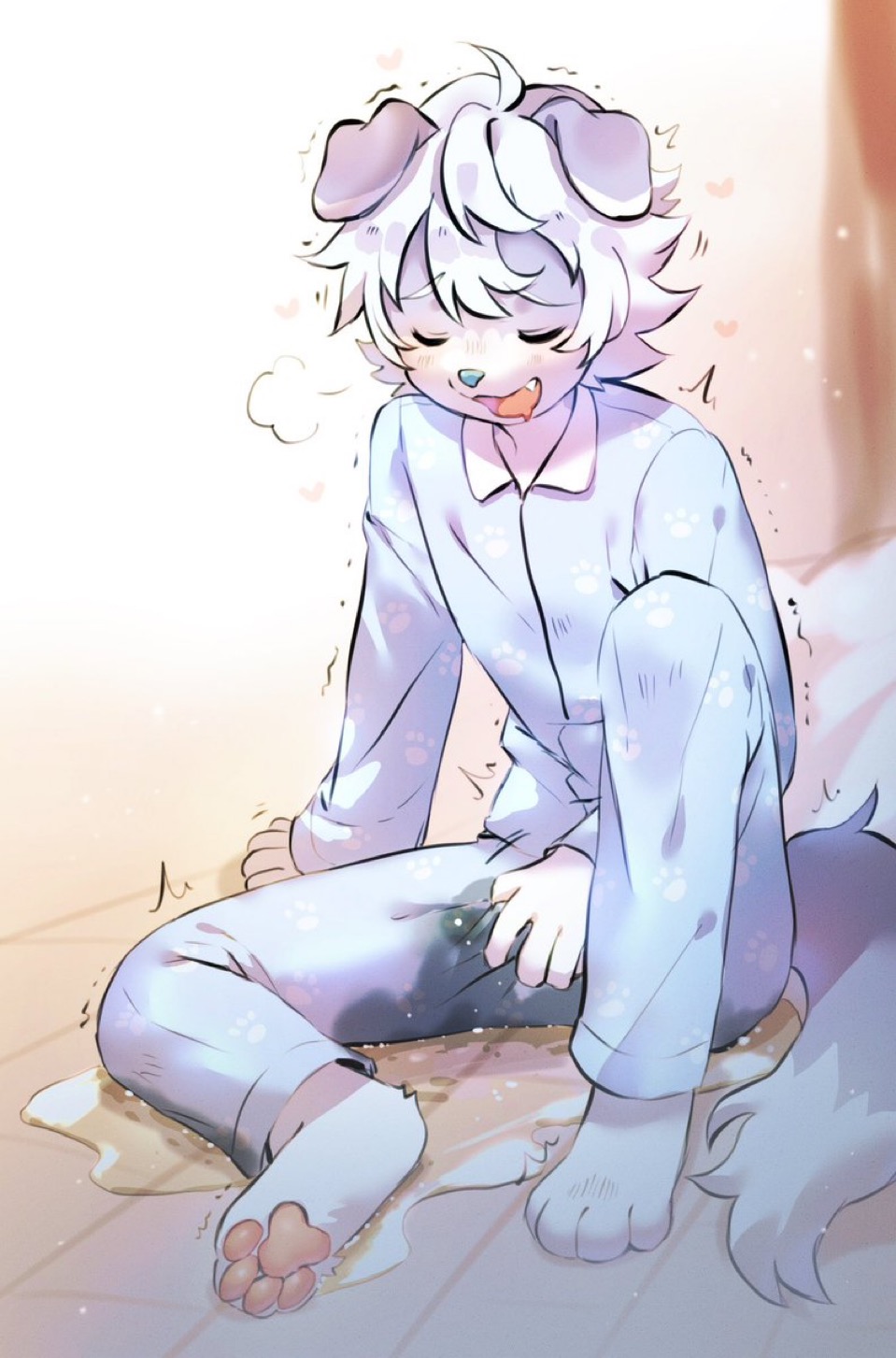 1boy anthro bedwetting blush omorashi pajamas pee_puddle peeing peeing_self piss_soaked piss_soaked_clothes shivering turned_on urine_pool wetting wetting_self