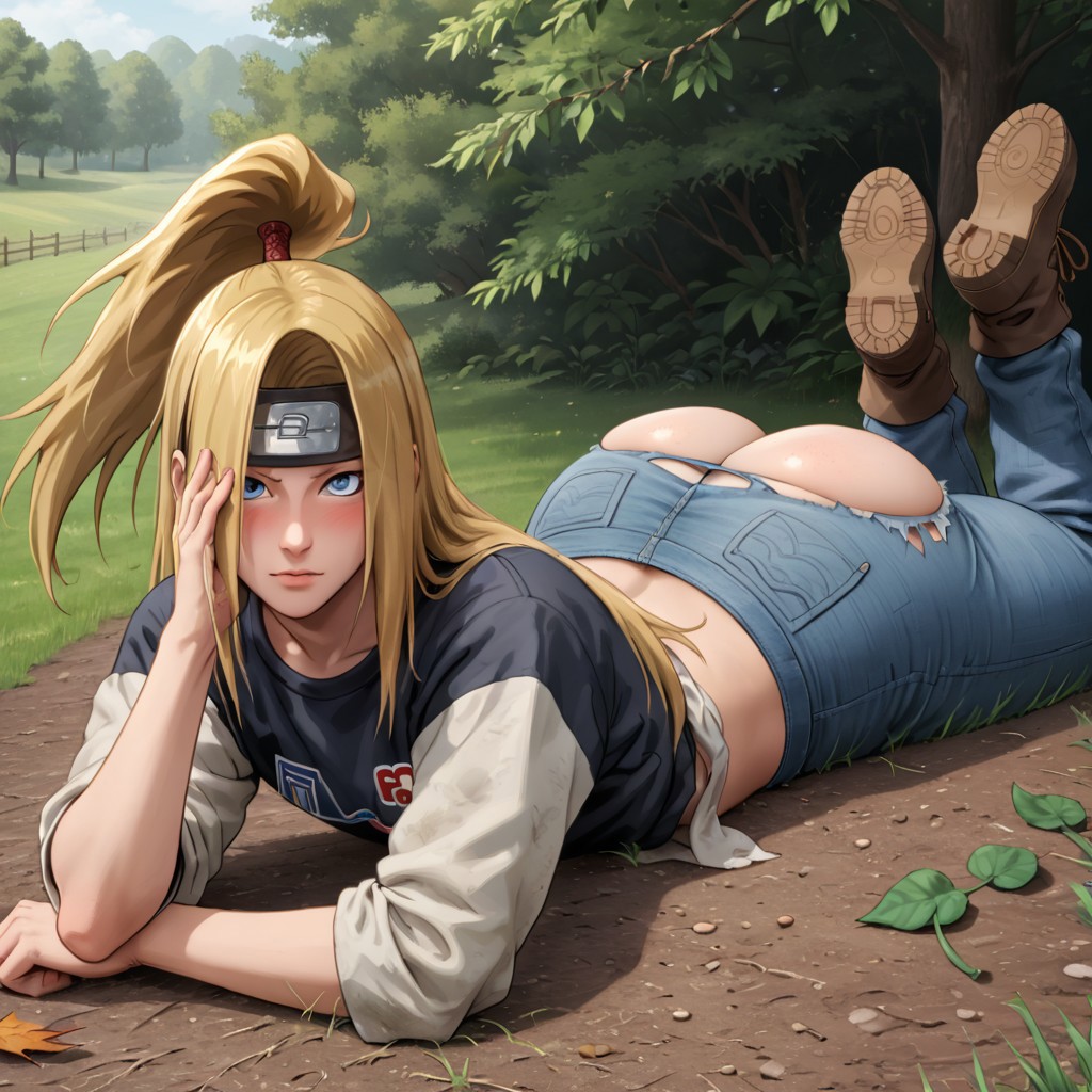 ai_generated big_butt butt_focus deidara farm farmer femboy femboy_focus flowers jeans looking_at_viewer naruto naruto_shippuden posing solo solo_focus tagme text thick_thighs yaoi