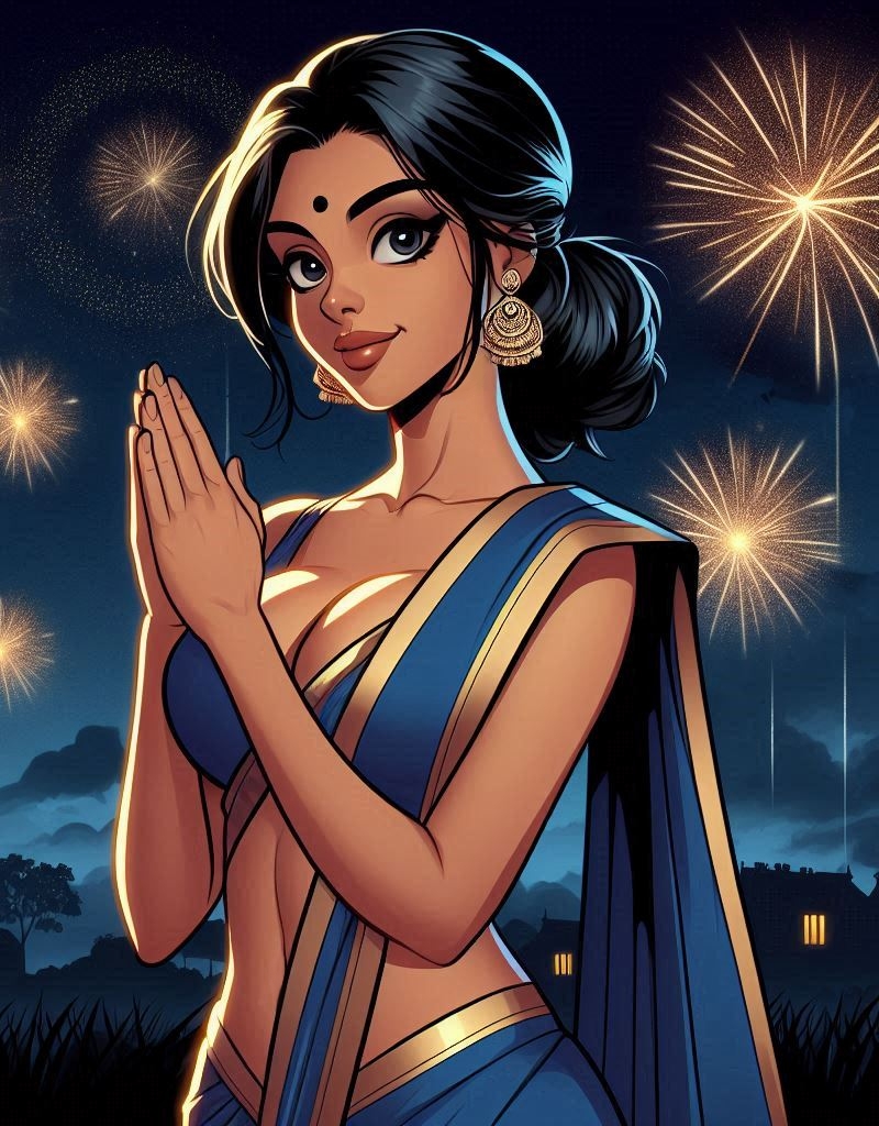 1girls ai_generated big_breasts bindi black_eyes black_hair blouse cleavage dark_skin dark_skinned_female diwali earrings fireworks greeting hourglass_figure indian indian_clothes indian_female looking_at_viewer night night_sky red_lips red_lipstick round_breasts saree sari slim_waist smile smiling smiling_at_viewer solo solo_female tied_hair wide_hips