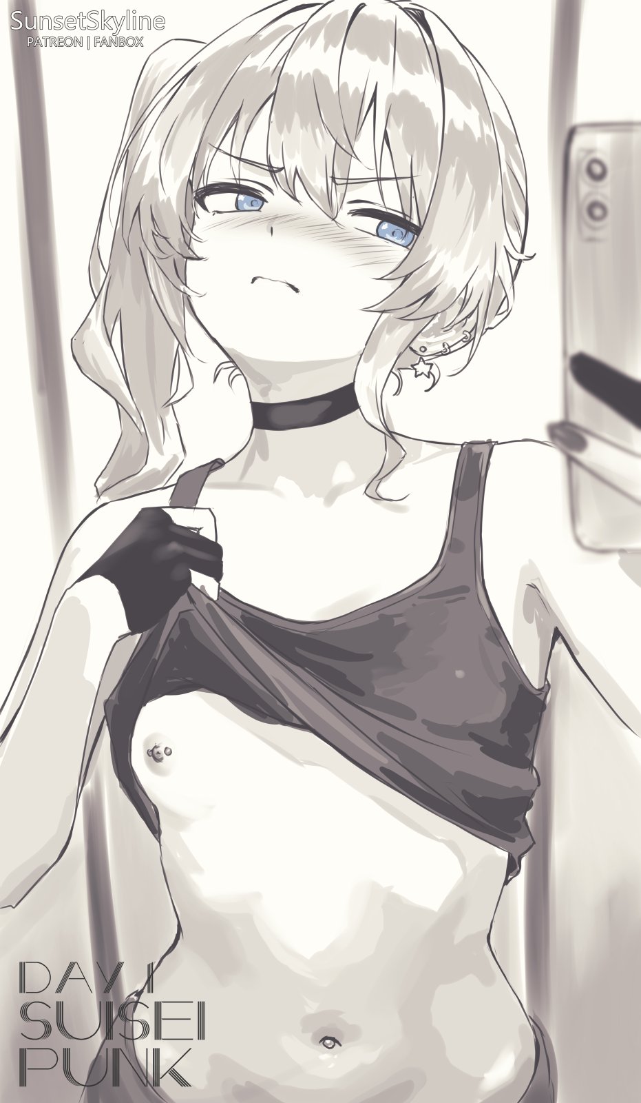 blue_eyes nipple_piercing one_breast_out phone raised_head selfie small_breasts sunsetskyline