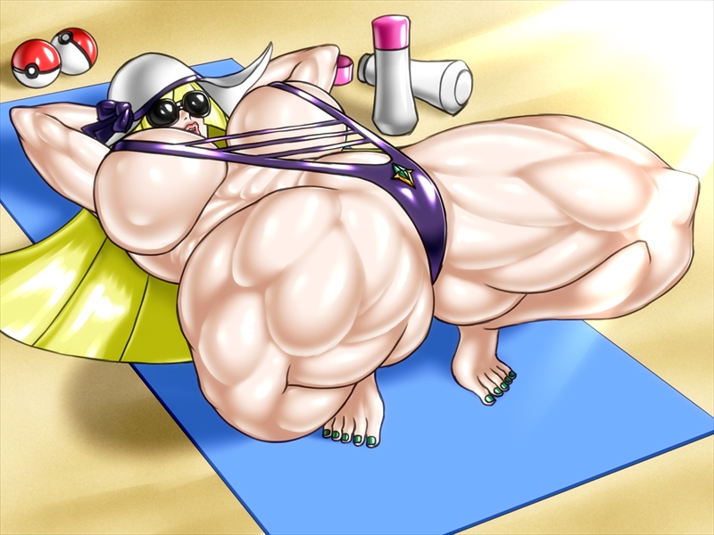 1girls, abs, aether foundation, alternate breast size, alternate outfit, ass, ass up, big breasts, bikini, bimbo, blonde hair, blush, breasts, busty, curvy, day, detailed background, eyelashes, feet, female, female only, glasses, green nails, green toenails, hat, hourglass figure, huge ass, huge breasts, human, hyper muscles, long hair, lusamine (pokemon), mature, milf, muscles, muscular, muscular female, muscular legs, nail polish, negoto (nego6), nintendo, one-piece swimsuit, outdoors, outside, pokemon, pokemon sm, pose, posing, sand, shadow, solo, spread legs, spreading, sunglasses, swimsuit, thick thighs, thong, toes, voluptuous, wide hips, yellow hair