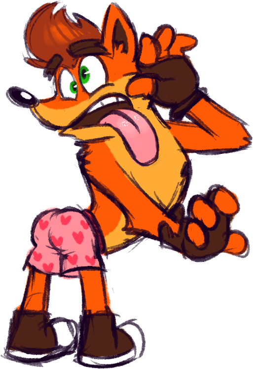 1boy 2018 anthro anthro_only ass crash_(series) crash_bandicoot fingerless_gloves footwear furry furry_male furry_only goronic green_eyes heart_underwear male male_only marsupial orange_fur solo tongue tongue_out transparent_background underwear video_games