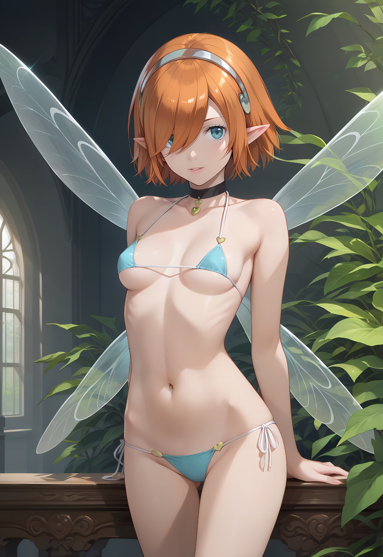 1girls, ai generated, bikini, blue eyes, breasts, elf ears, fairy, fairy wings, female, gallica, looking at viewer, medium breasts, medium hair, metaphor: refantazio, orange hair, petite, pointy ears, ribs, skinny, slim, smile, wings