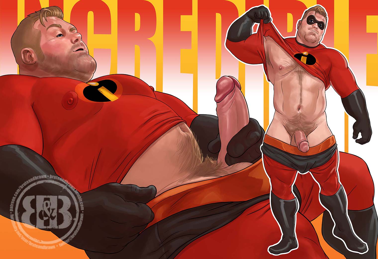 1boy, bara, bruteandbrawn, chubby, disney, erection, male, male only, masturbation, mr. incredible, partially clothed, penis, pixar, robert parr, solo, superhero, the incredibles, yaoi