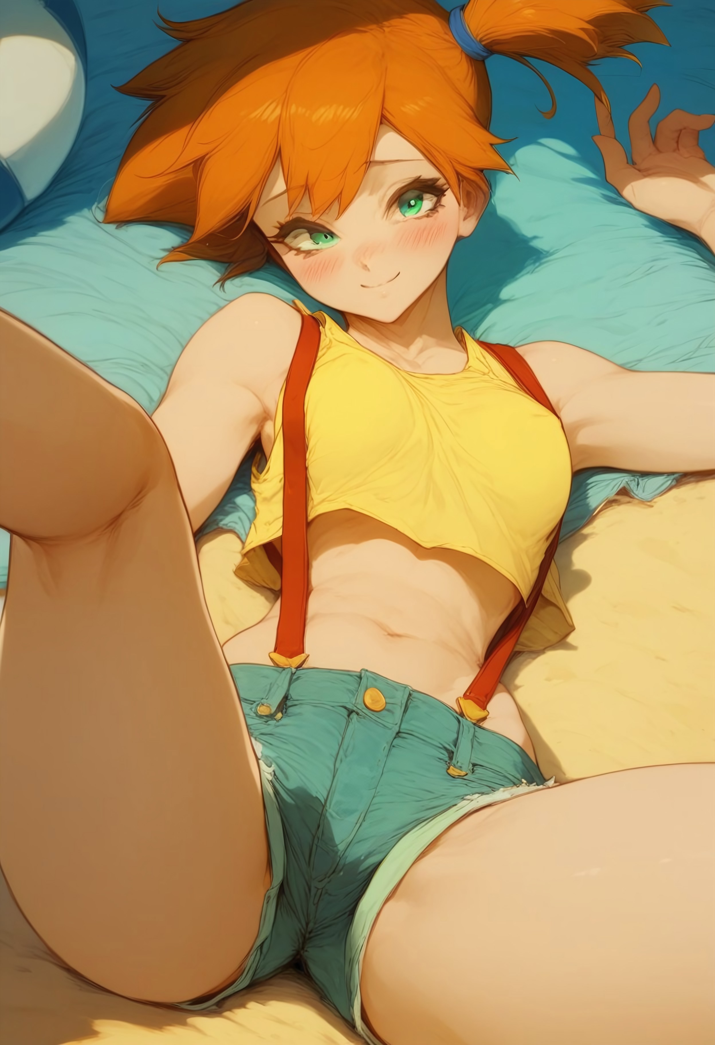 1girls, ai generated, beach, blush, civitai, female, green eyes, kasumi (pokemon), looking at viewer, missionary, missionary position, misty (pokemon), orange hair, pokemon, shorts, smile, spread legs, suspenders, tank top, yercyu