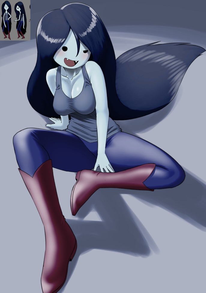 1girls adventure_time boots cleavage fangs gray_body grey_body jeans long_black_hair long_hair looking_at_viewer marceline nobunagapero sitting tank_top vampire vampire_girl