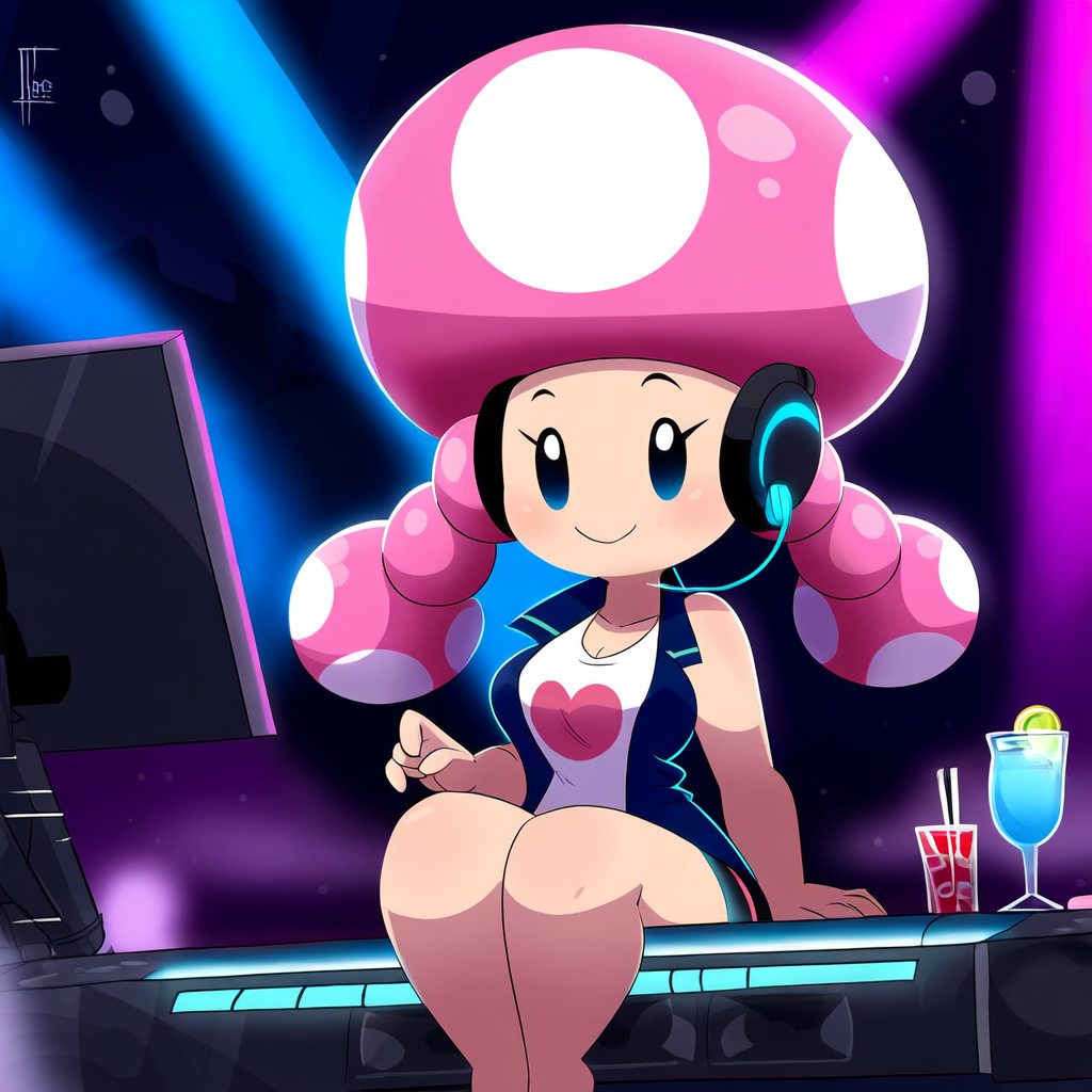 1girls ai_generated black_eyes breasts female_focus headphones lightsaber mario_(series) mushroom_humanoid nightclub nintendo novelai pink_hair sitting super_mario_bros. toadette twin_braids