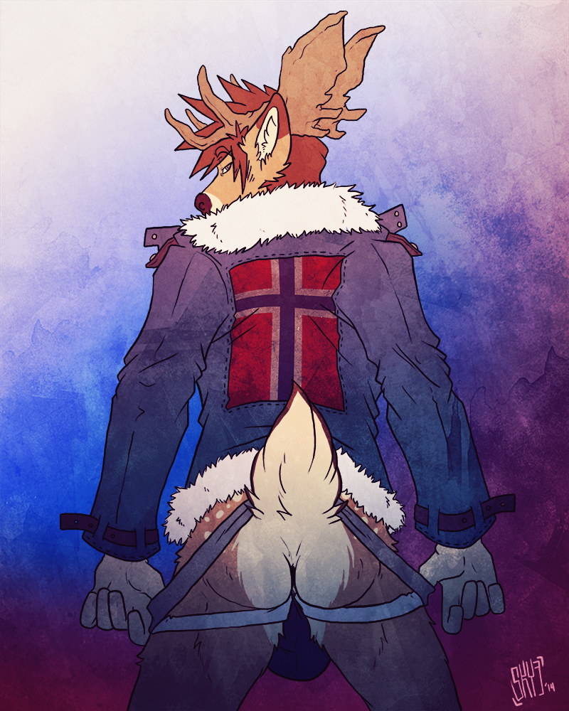 anthro antlers anus ass bulge cervid cervine clothing coat fluffy fluffy_tail horn jegermaistro jockstrap looking_back male male_only mammal pose raised_tail short_tail sky3 solo solo_male underwear