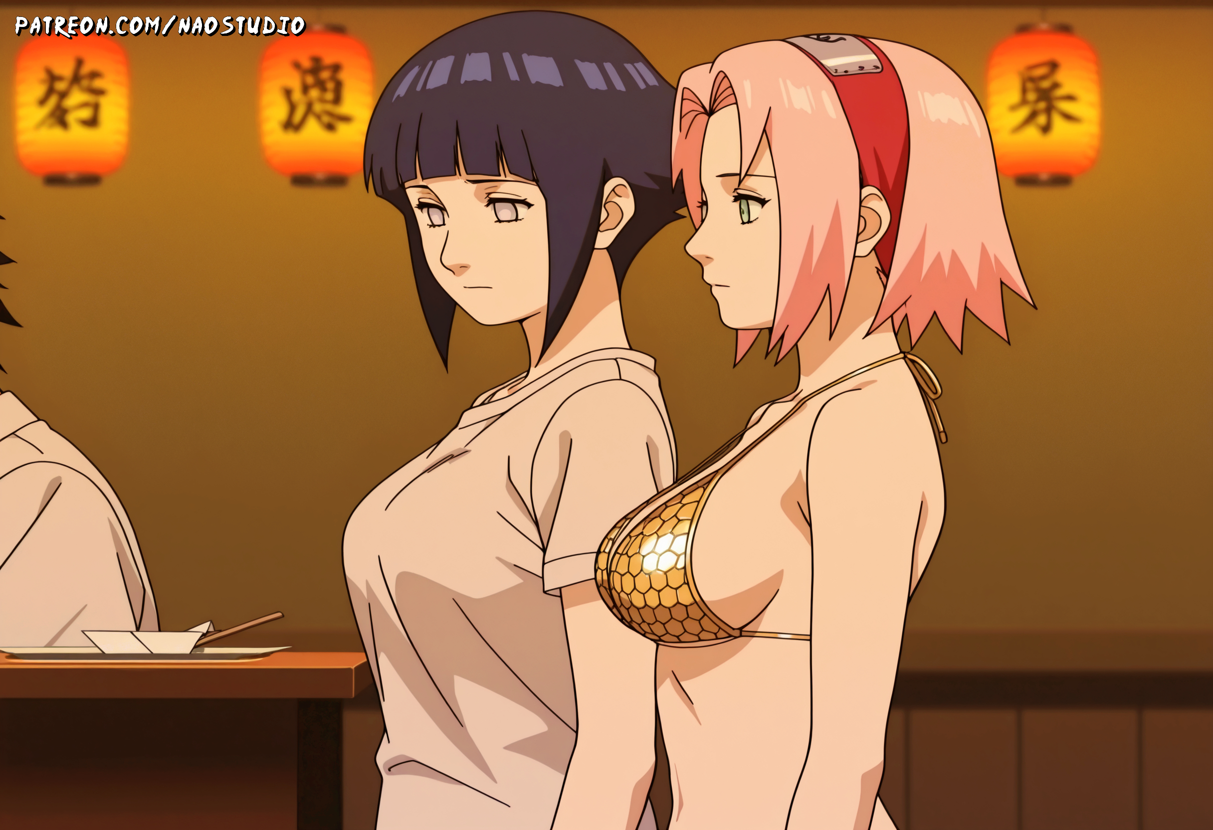 2girls, ai generated, breasts, female, humiliation, kissing, multiple females, multiple girls, naostudio, naruto (classic), naruto (series), pink hair, purple eyes, sakura haruno, sex, short hair, standing
