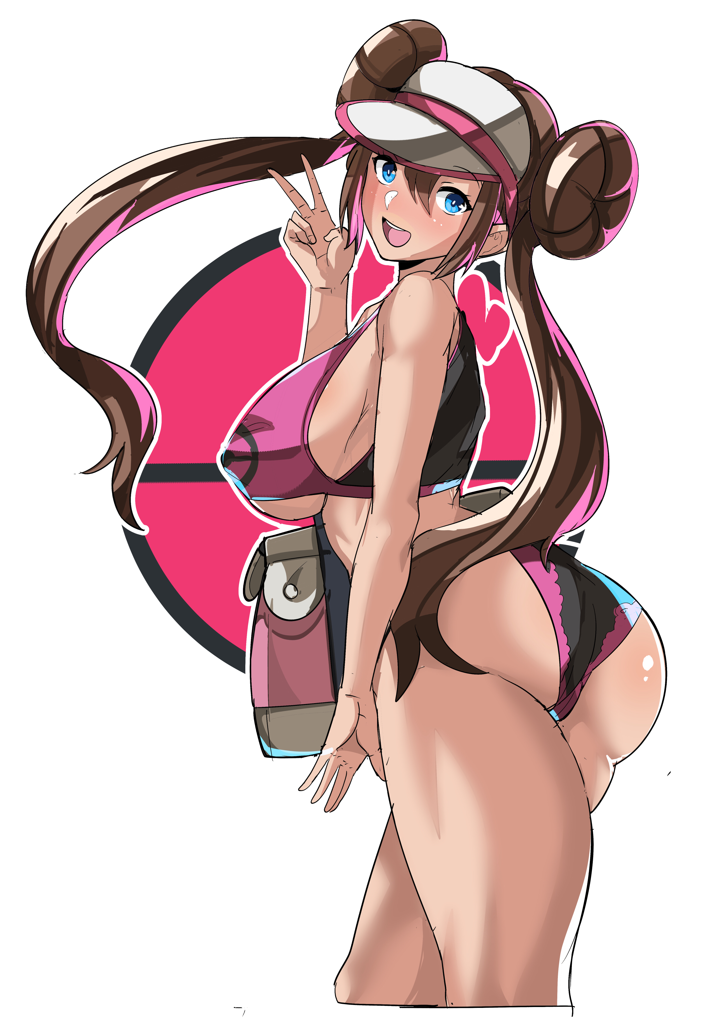 ass, bag, big ass, black panties, blue eyes, breasts, brown hair, busty, cap, curvy, female, hair between eyes, hair bun, huge breasts, large breasts, long hair, nipple bulge, pokemon, pokemon bw2, rosa (pokemon), sideboob, smile, smiling, sports bra, thick thighs, twintails, underboob, underwear, very long hair