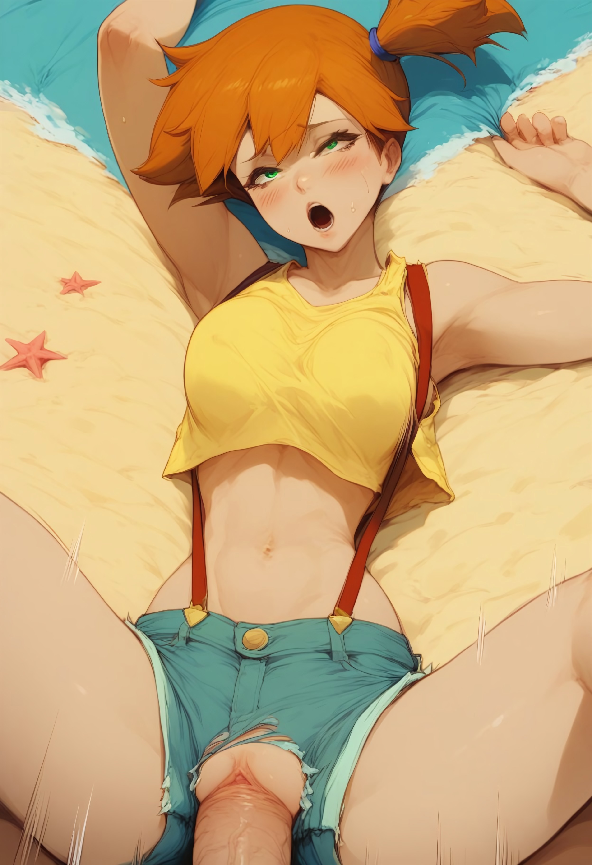 1girls, ai generated, beach, blush, civitai, female, green eyes, huge cock, kasumi (pokemon), male, missionary, missionary position, misty (pokemon), moaning, open mouth, orange hair, penis, pokemon, sex, shorts, spread legs, suspenders, tank top, yercyu