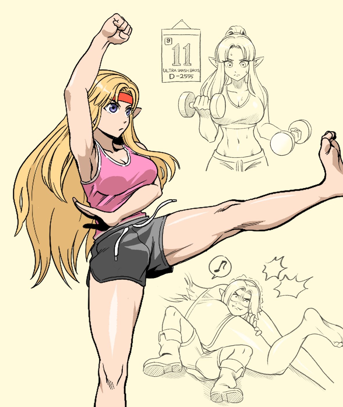 barefoot blonde_hair crop_top dumbbell excercise head_between_thighs headband headscissor kicking link link_(ocarina_of_time) long_hair lying_on_stomach musical_note nintendo ponytail princess_zelda restrained shirt shorts speech_bubble tekkin_papa the_legend_of_zelda workout young_link zelda_(a_link_between_worlds)