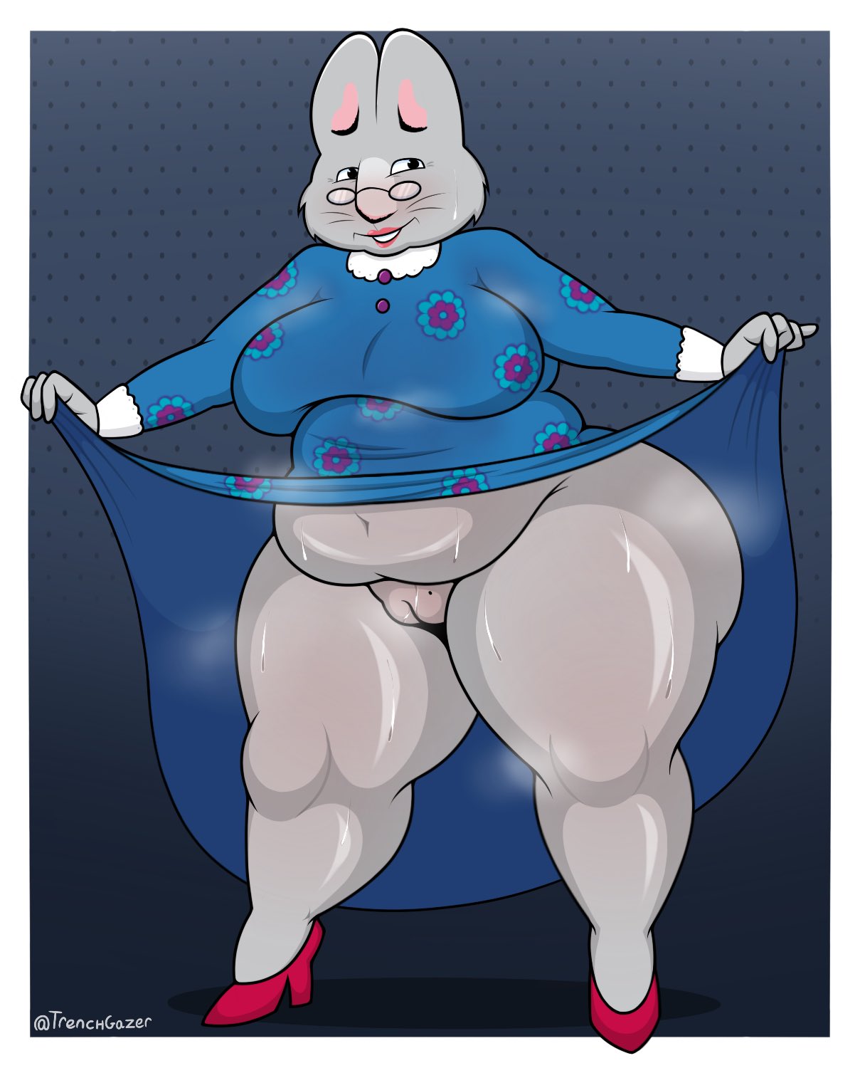 anthro blue_clothing blue_dress bodily_fluids bottomless bottomless_anthro bottomless_female chubby chubby_anthro chubby_female clothed clothing clothing_lift dress dress_lift eyewear female flashing flashing_pussy footwear fur genitals gilf glasses grandma_(max_and_ruby) grey_body grey_fur hi_res high_heels lagomorph leporid lipstick looking_at_viewer makeup mammal max_and_ruby navel overweight overweight_anthro overweight_female pussy rabbit shoes signature smile smiling_at_viewer solo sweat sweatdrop thick_thighs trenchgazer wide_hips