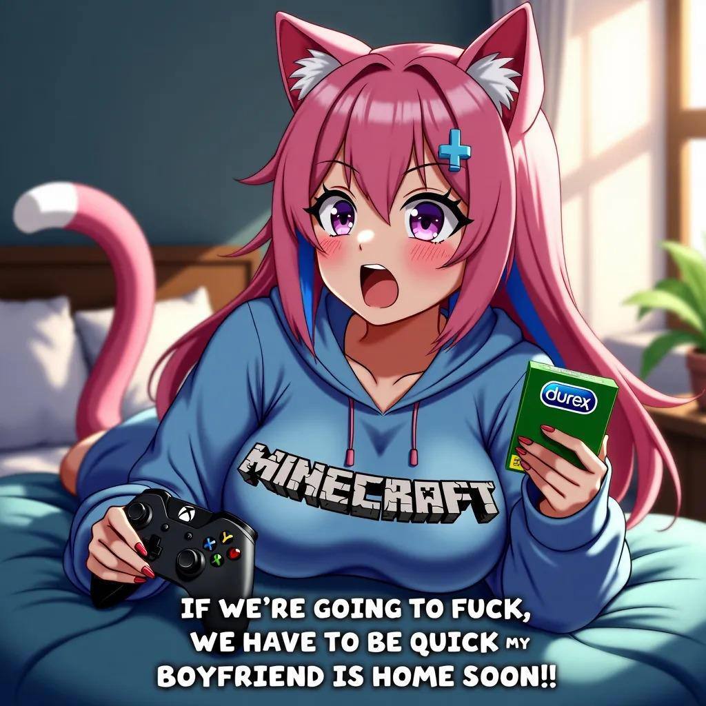 ai_generated anime_style bed bedroom big_breasts blue_sweatshirt blush blushing blushing_at_viewer blushing_face blushing_female breast_focus cat_ears cat_tail catgirl catgirls cattle cheating cheating_female cheating_girlfriend clothed clothed_female condom cuckold cute cute_expression cute_face cute_girl durex el_clive_(edited) el_clive_was_here english english_dialogue english_text female_only female_solo holding holding_condom holding_controller holding_object inminent_sex light-skinned_female light_skin liying looking_at_viewer male_pov manga minecraft neko neko_ears neko_girl no_porn no_sex ntr oc open_mouth original_character painted_nails pink_eyes pink_hair pink_nail pink_nails plant pov pov_eye_contact pov_male solo_female talking talking_to_viewer xbox