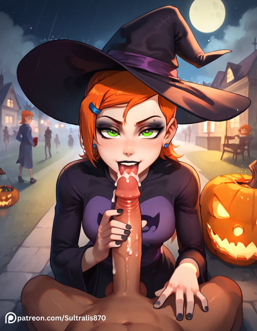 ai_generated artist_request ben_10 blowjob dark-skinned_male green_eyes gwen_tennyson halloween halloween_costume orange_hair penis petite smile smirk sultralis sultralis870 witch witch_hat