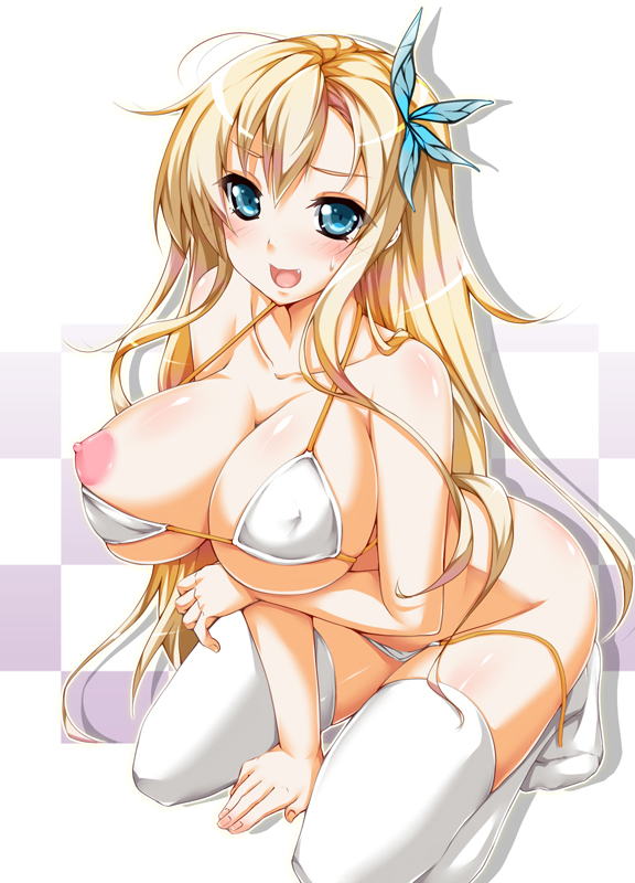 1girls areolae bikini blonde_hair blue_eyes blush boku_wa_tomodachi_ga_sukunai breasts butterfly_hair_ornament cleavage collarbone curvy cute_fang female female_only front_view hair_between_eyes hair_ornament huge_breasts human kneeling legwear long_hair looking_at_viewer nipples one_breast_out perky_breasts puffy_nipples sena_kashiwazaki shiny_skin solo sweat thighhighs very_long_hair voluptuous white_bikini white_legwear yukinon