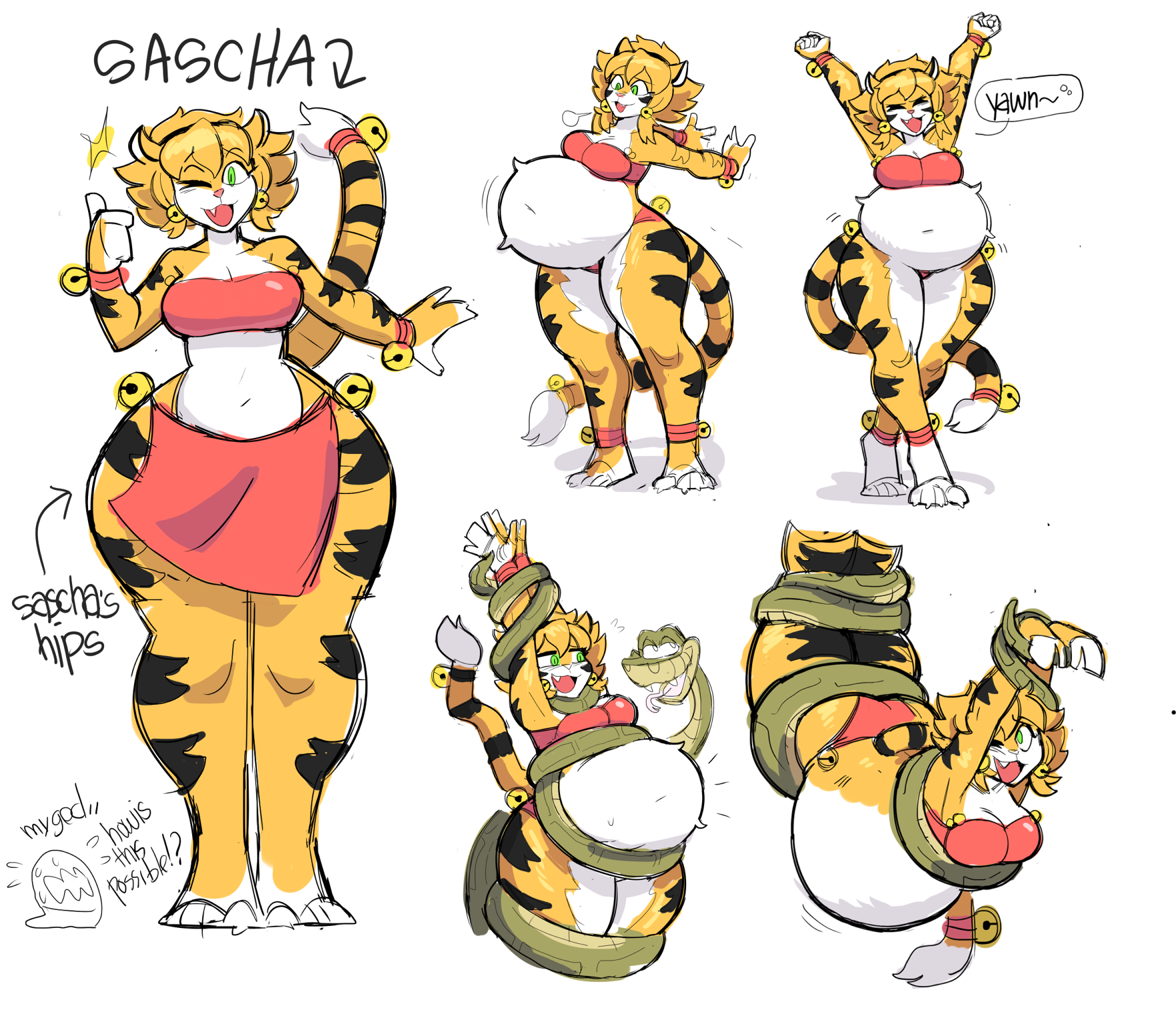 anthro, big belly, bloated belly, dr-worm, female, furry, huge belly, kaa, lewdlemage, reptile, sascha (hypnofood), snake, tiger, tiger girl