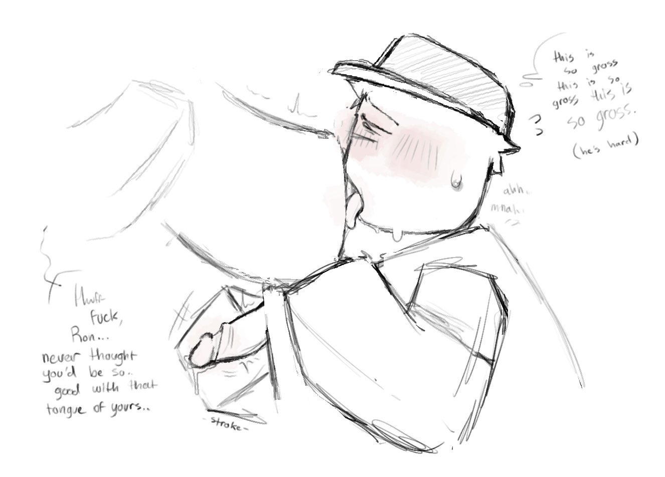 anal, blocky body, blush, cum, english text, gay, genital fluids, genitals, killbatos, male, masturbation, oc, original character, penis, penis grab, precum, precum drip, precum string, rimming, roblox, robloxian, sketch, sweatdrop, tagme, text