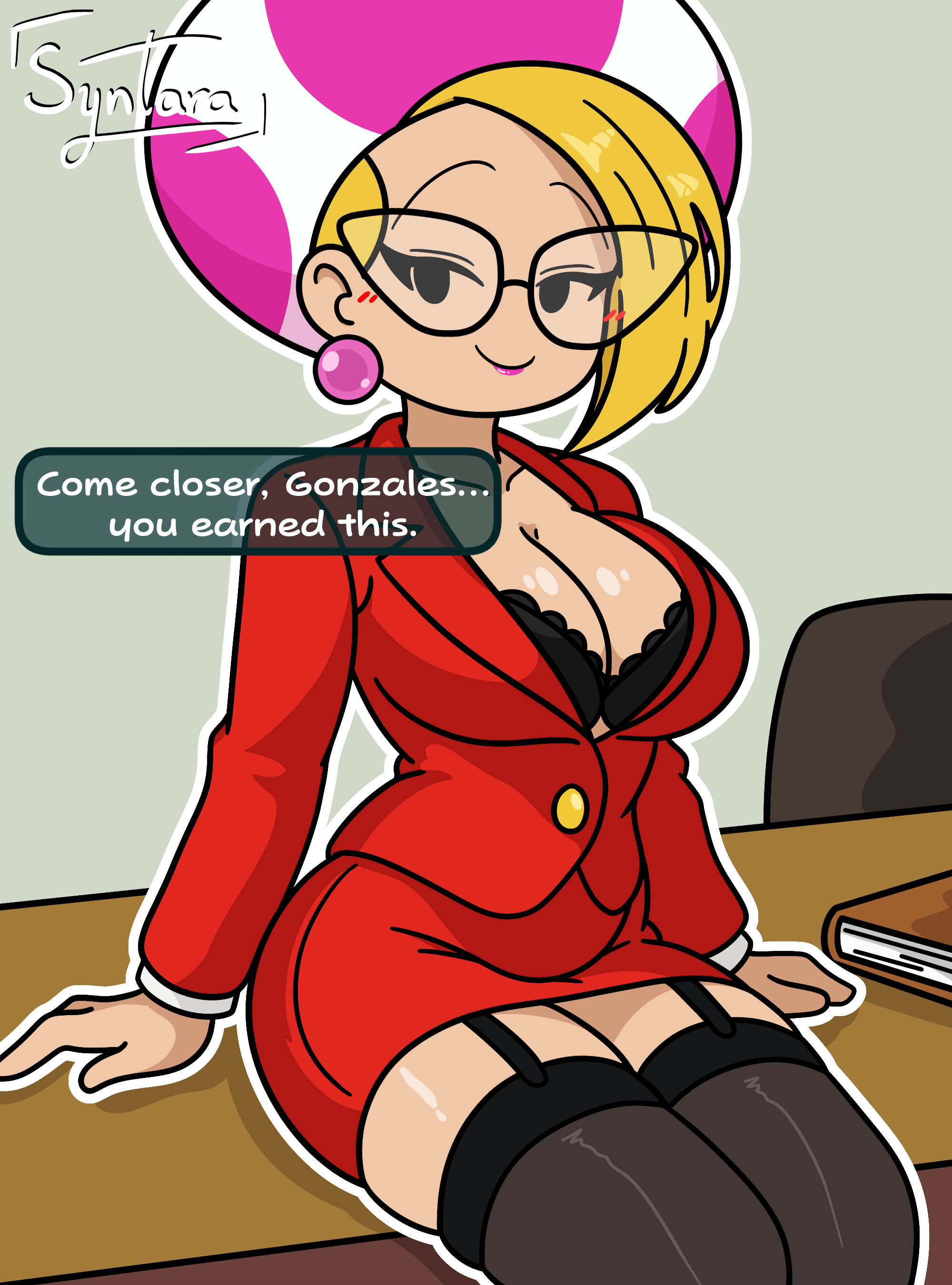 1girl, big breasts, blonde hair, blush, bra showing, breasts, cleavage, earrings, english text, female, female only, garter straps, glasses, half-closed eyes, humanoid, iamsyntara, jolene (paper mario), light skin, light-skinned female, lipstick, looking at viewer, mario (series), mushroom humanoid, nintendo, office lady, paper mario, paper mario: the thousand-year door, red skirt, red suit, secretary, simple background, simple coloring, simple shading, solo, suggestive look, syntara, talking to viewer, text, text box, thick thighs, thigh highs
