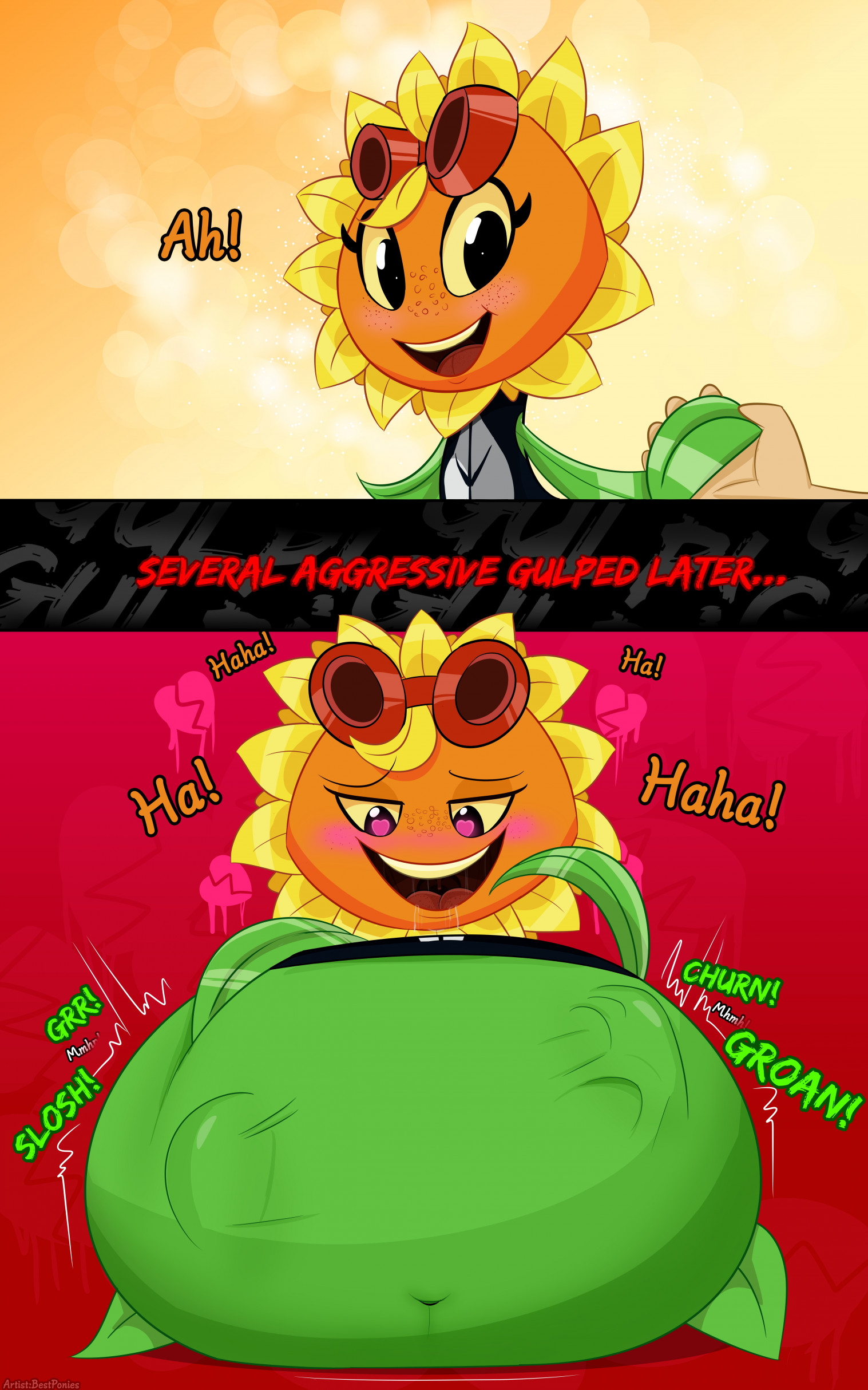 1girls, anthro, anthrofied, ass, belly, belly bulge, bestponies, breasts, digestion, fat, female, female pred, flora fauna, plant, plant girl, plant humanoid, plantie, plants vs zombies, plants vs. zombies, popcap games, pred, pussy, solar flare (pvz), sunflower (pvz), vore, vore belly