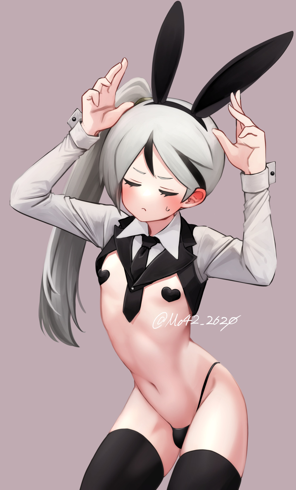 bulge, bunny ears, library of ruina, midriff, mo42 2620, nipple pasties, project moon, reverse bunnysuit, thighhighs, thighs, yan vismok