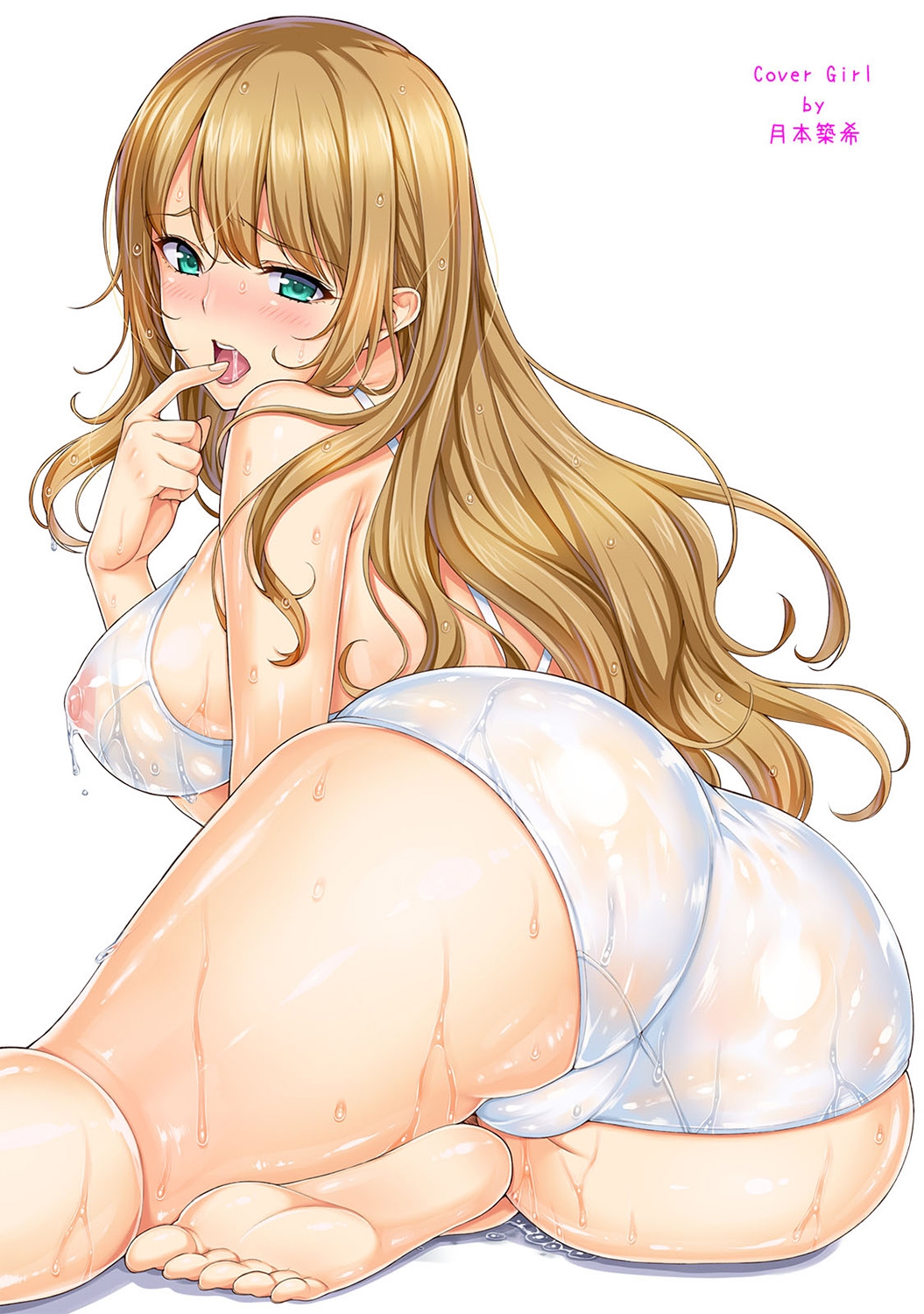 ass, blonde hair, blue eyes, blush, breasts, covered nipples, eyebrows, eyebrows visible through hair, feet, female, finger to mouth, highres, large breasts, long hair, nipples, nose blush, one-piece swimsuit, open mouth, original, see-through, sideboob, simple background, sitting, solo, swimsuit, tongue, tongue out, tsukimoto kizuki, wet, white background, white swimsuit