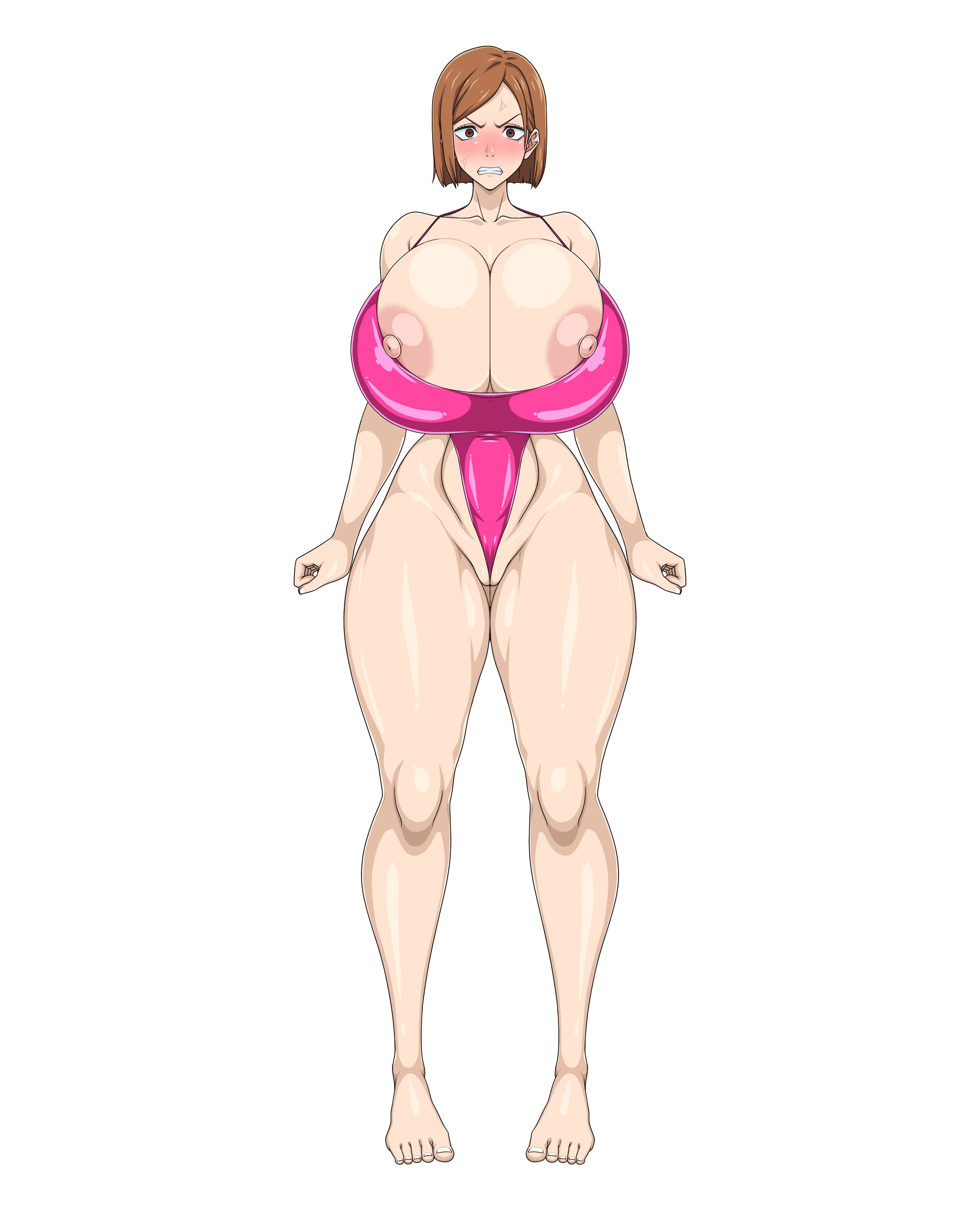 1girls, angry, angry expression, annoyed, annoyed expression, bare legs, bare shoulders, barefoot, big tits, bikini, blush, breasts, brown eyes, brown hair, bursting breasts, busty, cameltoe, female, female only, front view, huge breasts, huge tits, jujutsu kaisen, kugisaki nobara, light skin, light-skinned female, looking at viewer, massive breasts, massive tits, nipple slip, nipples, open mouth, pale skin, pale-skinned female, plump, sexy, short hair, sihkygmojsn, simple background, skimpy, skimpy clothes, slender waist, slim waist, solo, solo female, solo focus, standing, swimsuit, swimwear, thick, thick thighs, tits, white body, white female, wide hips