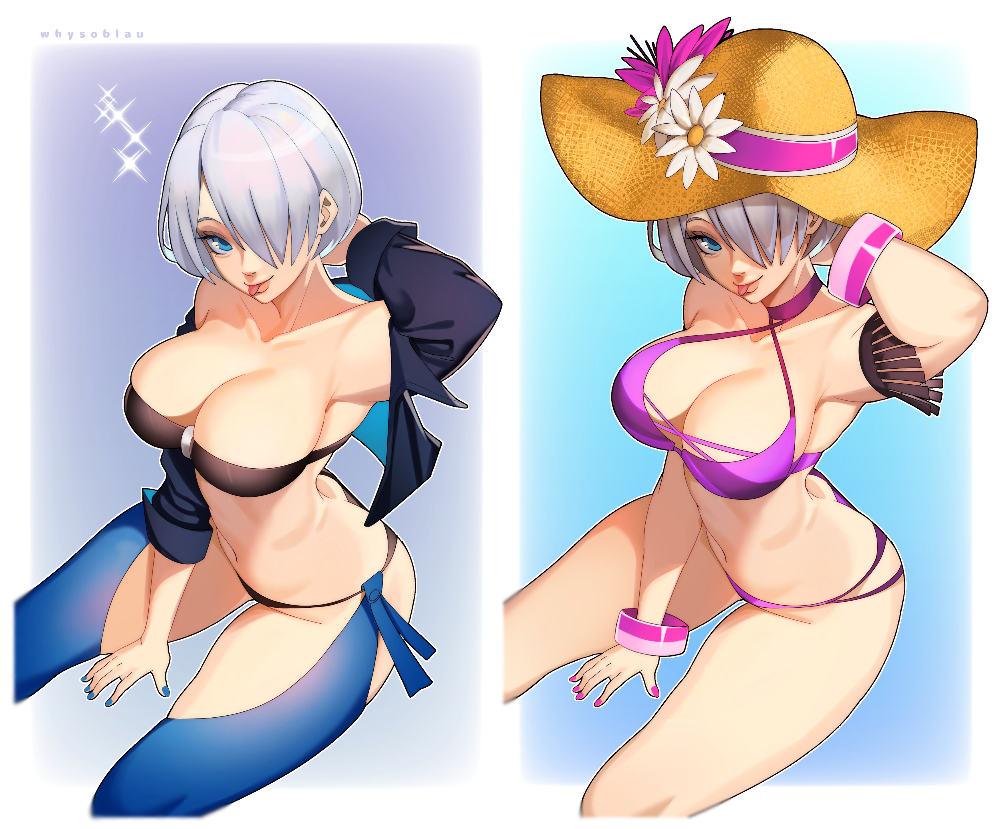 1girls, absurd res, absurdres, angel (kof), armpit fetish, armpits, arms behind head, arms up, armwear, bare legs, bare thighs, big breasts, bimbo, black bra, black panties, black thong, blue eyes, blue nail polish, blue nails, bob cut, boobs, bra, bracelet, bracelets, breasts, busty, cute, female, female focus, female only, flower, flowers, g-string, hair over one eye, hat, headwear, hi res, high resolution, highres, jacket, jewelry, king of fighters, king of fighters all stars, king of fighters xiv, king of fighters xv, kof, large breasts, leather jacket, light skin, light-skinned female, looking at viewer, medium hair, messy hair, nail polish, painted nails, pale skin, pale-skinned female, panties, perky breasts, pink bikini, pink bikini bottom, pink bikini top, pink nail polish, pink nails, pink swimsuit, pink thong, pinup, seductive, seductive look, seductive mouth, seductive pose, shoulder length hair, sitting, skimpy, skimpy bikini, skimpy clothes, snk, snk heroines: tag team frenzy, solo, solo female, solo focus, sunhat, swimsuit, tease, teasing, teasing viewer, the king of fighters, the king of fighters all-stars, the king of fighters xiv, the king of fighters xv, thick thighs, thighs, thong, tomboy, tongue, tongue out, tubetop, underwear, very high resolution, voluptuous, voluptuous female, white hair, whysoblau