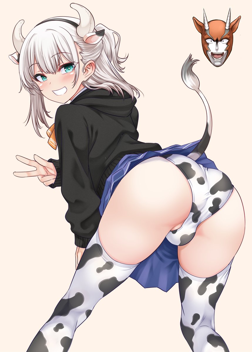 1femboy, anus peek, ass, balls, balls peek, black sweater, blonde hair, blonde-haired male, blue skirt, blush, blushing at viewer, bulge, cow boy, cow ears, cow horns, cow print, cow print panties, cow print thighhighs, cow tail, crossdressing, crossdressing male, ear, fake animal ears, femboy, feminine male, hair between eyes, hair slicked back, hands on own knees, headband, high resolution, highres, imminent penetration, imminent sex, inviting, inviting to sex, inviting viewer, kneepits, large ass, leggings, light skin, light-skinned male, looking at viewer, male, male focus, male only, medium hair, monochrome background, nanamatsu kenji, otoko no ko, otokonoko, pale skin, pale-skinned femboy, pale-skinned male, panties, peace sign, peace symbol, penis, penis in panties, penis peek, raised eyebrows, ribbon, school uniform, schoolboy, shiny skin, simple background, skindentation, skirt, skirt lift, skirt up, sleeves past wrists, smile, sole male, solo, solo femboy, solo male, sweater, tail, tail raised, teeth, teeth showing, thick thighs, thighhighs, thighs, uniform