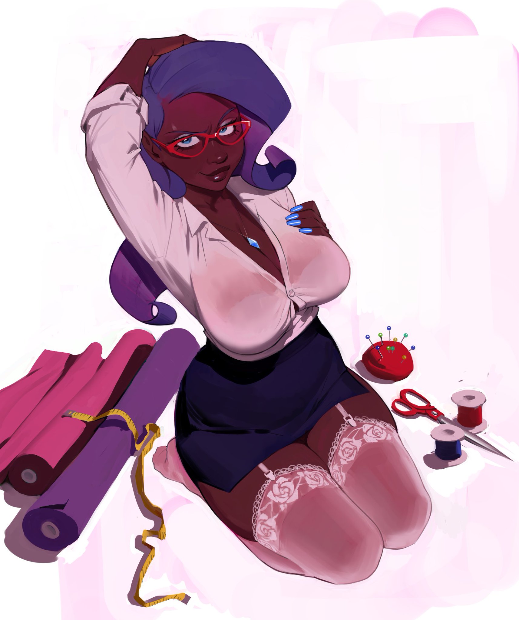 big breasts, blue eyeshadow, breasts, brown skin, dark skin, dark-skinned female, female, female focus, female only, glasses, human, lacryboy, lipstick, looking at viewer, looking up, looking up at viewer, measuring tape, miniskirt, my little pony, nails painted, necklace, necklace between breasts, purple eyes, purple hair, rarity (mlp), scissors, see-through clothing, smiling at viewer, stockings, thighs, wavy hair
