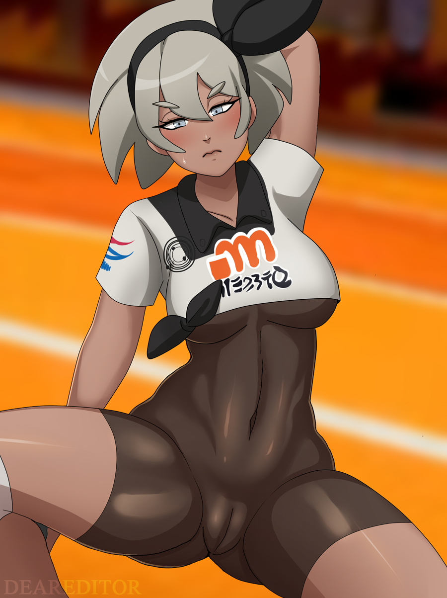1girls, abs, alternate breast size, arm behind head, arm up, ass, bea (pokemon), big breasts, blue eyes, bodysuit, bow, breasts, cameltoe, clothed, dark skin, dark-skinned female, deareditor, female, frown, grey hair, hair ribbon, hairband, hairbow, human, human only, looking at viewer, navel, nintendo, one arm up, pokemon, pokemon ss, pussy, ribbon, saitou (pokemon), see-through, shirt, short hair, skin tight, solo, source request, spandex, spread legs, sweat, sweatdrop, text, underboob, vagina, watermark