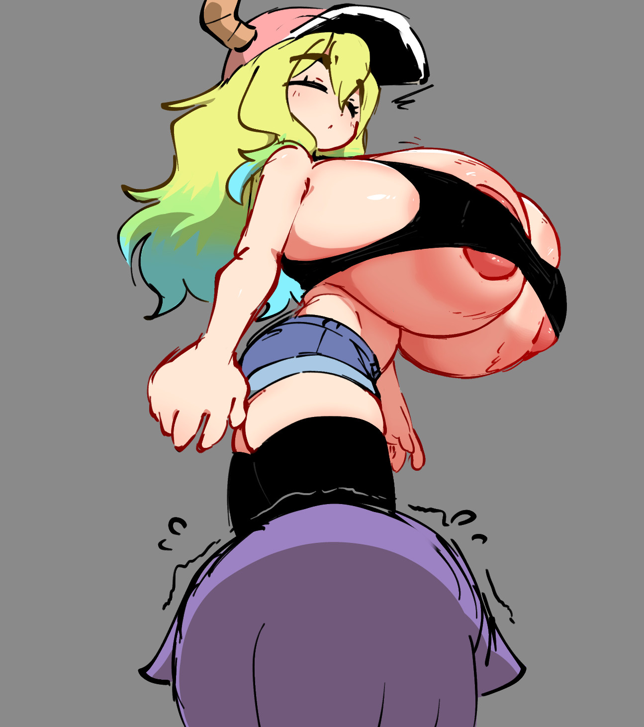 1girls, areolae slip, breasts, breasts bigger than head, bursting breasts, casual exposure, crop top, dragon girl, female, gigantic breasts, green eyes, hat, horns, ineffective clothing, jellot, long hair, looking down at another, magatsuchi shouta, micro shorts, miss kobayashi's dragon maid, multicolored hair, nipple bulge, quetzalcoatl (dragon maid), shorts, tank top, thick thighs, thighhighs, tight clothing, walking