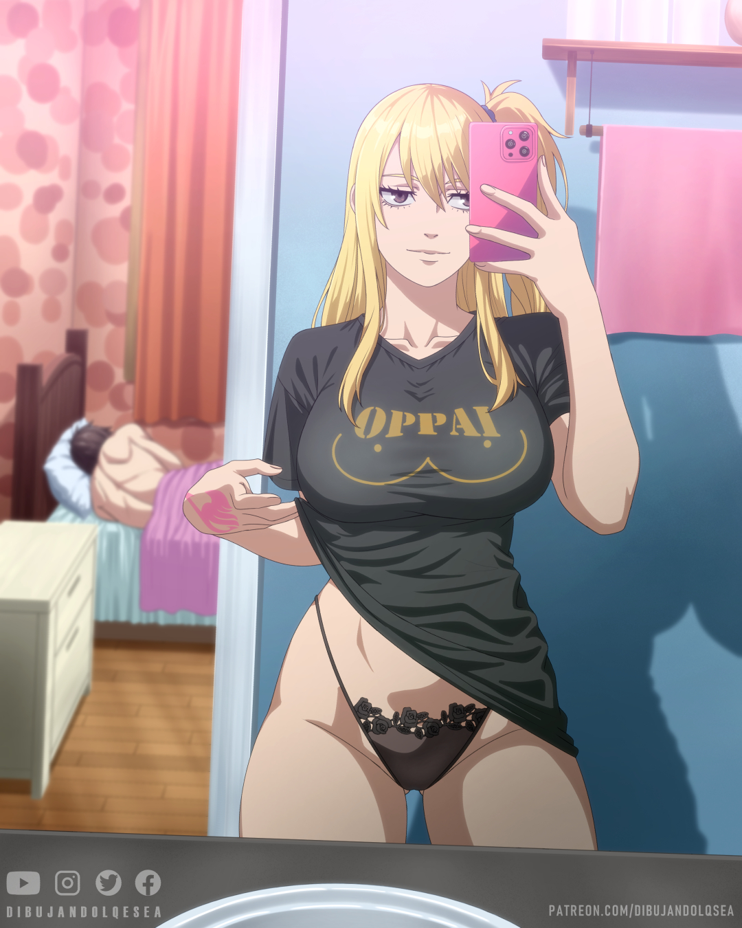 1boy, 1girls, after sex, bathroom, bed, bedroom, big breasts, black panties, black underwear, blonde hair, blonde-haired female, bottomless, breasts, brown eyes, brown hair, busty, clothed, clothing, eyelashes, faceless male, fairy tail, fairy tail mark, female, flashing panties, g-string, gray fullbuster, hair ribbon, hand tattoo, hi res, high resolution, highres, hips, hourglass figure, indoors, large breasts, light skin, light-skinned female, light-skinned male, looking at viewer, lucy heartfilia, male, messy hair, mirror selfie, mobile phone, narrowed eyes, pale skin, pale-skinned female, pale-skinned male, panties, partially clothed, phone, phone camera, pink tattoo, ponytail, pose, posing, ribbon, selfie, shirt lift, shirt up, side ponytail, sleeping, standing, straight, t-shirt, tattoo, thick thighs, thighs, thong, tied hair, topless male, underwear, vash over, very high resolution, voluptuous, voluptuous female, wide hips