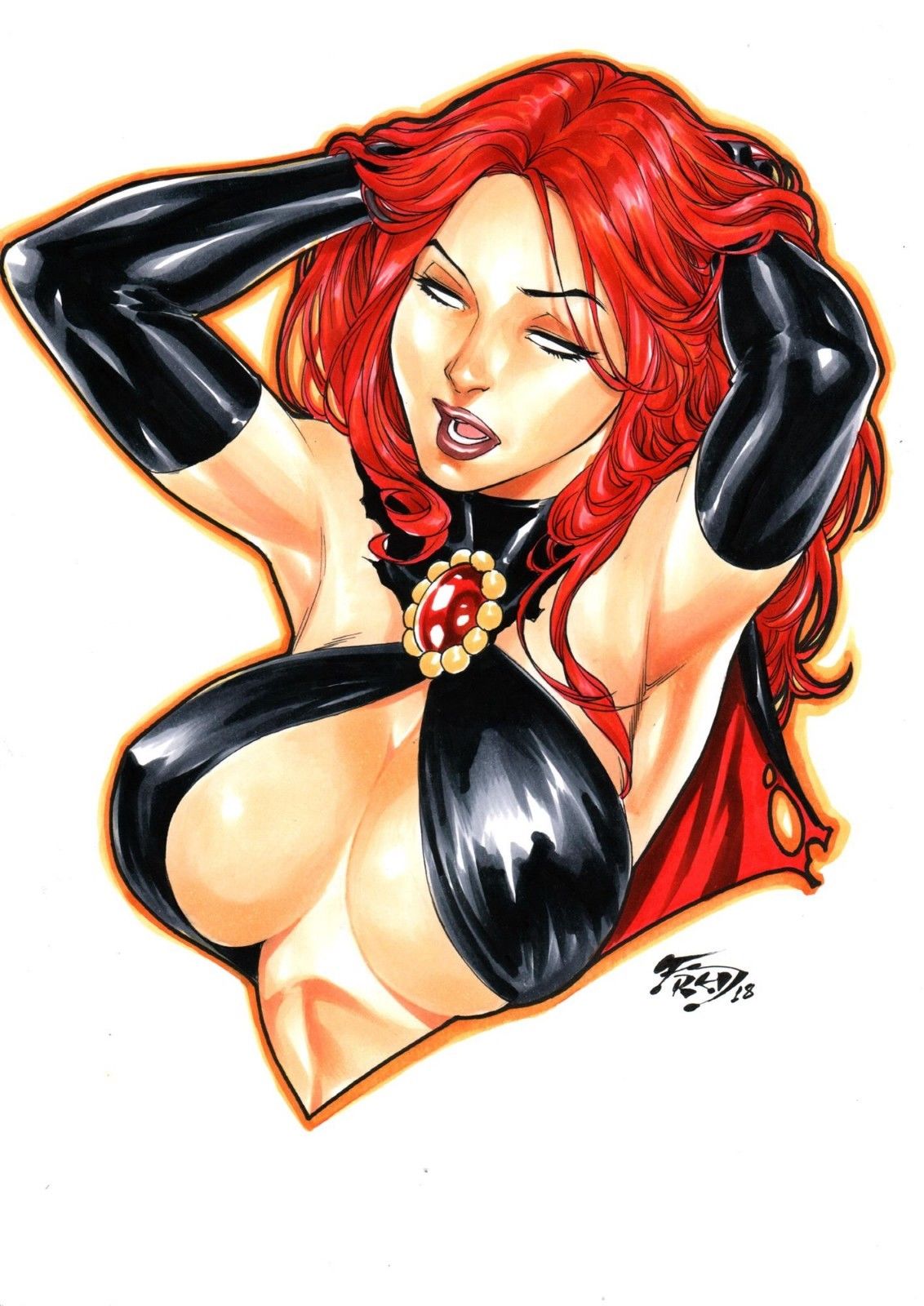 1girls 2018 big_breasts black_bra black_cape black_gloves bra breasts breasts_apart busty cape curvy dated ed_benes_studio erect_nipples erect_nipples_under_clothes eyeshadow female female_only fred_benes gloves goblin_queen_(x-men) hand_in_hair hands_in_hair hellfire_club homo_superior human human_only large_breasts light-skinned_female light_skin long_hair madelyne_pryor makeup marvel marvel_comics mascara nipples no_bra oppai pinup red_cape red_hair red_lips red_lipstick signature simple_background solo straight_hair superheroine supervillain telepath traditional_media_(artwork) upper_body voluptuous white_background white_eyes white_pupils x-men