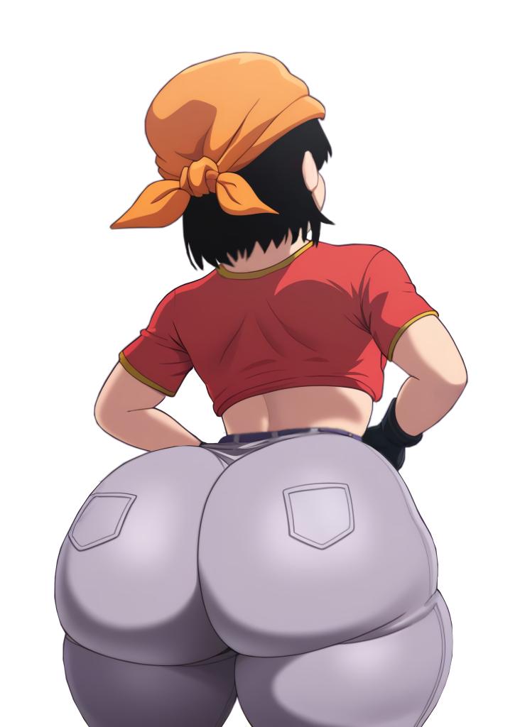 1girls, about to burst, about to rip, ai assisted, ass, ass bigger than head, ass crack, ass focus, ass too big, back view, backsack, bandai, bandana, barely contained, barely contained ass, barely fits, big ass, big butt, black hair, bottom heavy, bottom heavy female, bursting butt, butt crack, curvy, curvy female, curvy figure, d-art style, denim, denim bottomwear, denim clothing, denim jeans, dragon ball, dragon ball gt, dumptruck ass, fat ass, female, female focus, female only, flat chest, flat chested, hips, huge ass, imminent wardrobe malfunction, impossible clothes, jeans, jiggling ass, large ass, pan (dragon ball), pants, short hair, small shirt, straining clothing, thick, thick ass, thick hips, thick thighs, thighs, tight clothes, tight clothing, tight fit, tight jeans, tight pants, toei animation, too tight, undersized clothes, undersized clothing, white background, wide hips, z-art