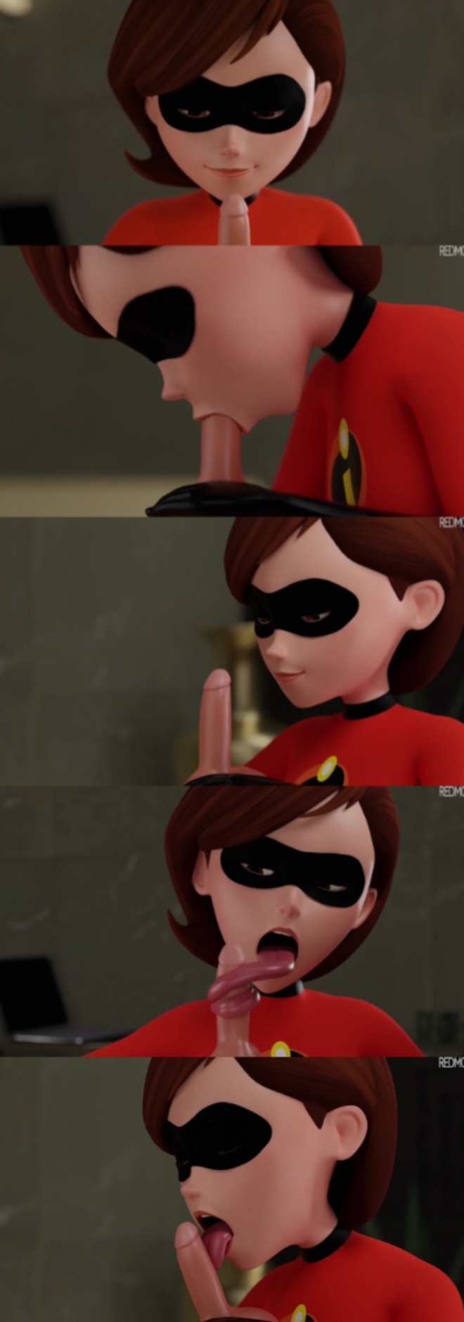 1boy, 1girls, 3d (artwork), adult female, ass, big ass, big breasts, blowjob, breasts, brown eyes, brown hair, clothed sex, clothing, disney, elastigirl, eye contact, faceless male, fellatio, female, gloves, helen parr, huge ass, kissing penis, licking penis, long tongue, male, mask, medium hair, naked, naughty face, open mouth, penis, pixar, pixar mom, pov, redmoa, the incredibles, tongue on penis, tongue wrap, tongue wrapped around penis, tonguejob
