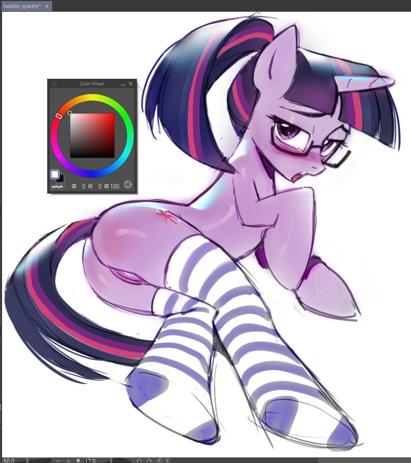 bangs, blush, blushing at viewer, blushing female, female, flustered, glasses, lacryboy, laying down, looking at viewer, my little pony, pony, ponytail, purple eyes, purple hair, purple skin, pussy, stockings, twilight sparkle (mlp), vagina, zoophilia