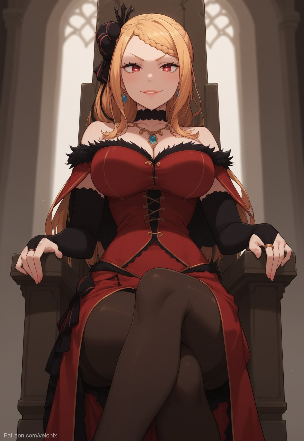 1girls, ai generated, ass, big ass, big breasts, big butt, big hips, braids, breasts, cleavage, clothed, clothing, dress, eyebrows, eyelashes, female, female only, from below, grin, grinning, grinning at viewer, hair, indoors, light-skinned female, lips, long hair, looking at viewer, makeup, narrow waist, narrowed eyes, nose, orange hair, priscilla barielle, re:zero kara hajimeru isekai seikatsu, red dress, red eyes, red hair, sadist, seducing, seductive, seductive eyes, seductive gaze, seductive look, seductive mouth, seductive pose, seductive smile, side ponytail, smile, smile at viewer, smiley face, smooth skin, solo, solo focus, throne, velonix