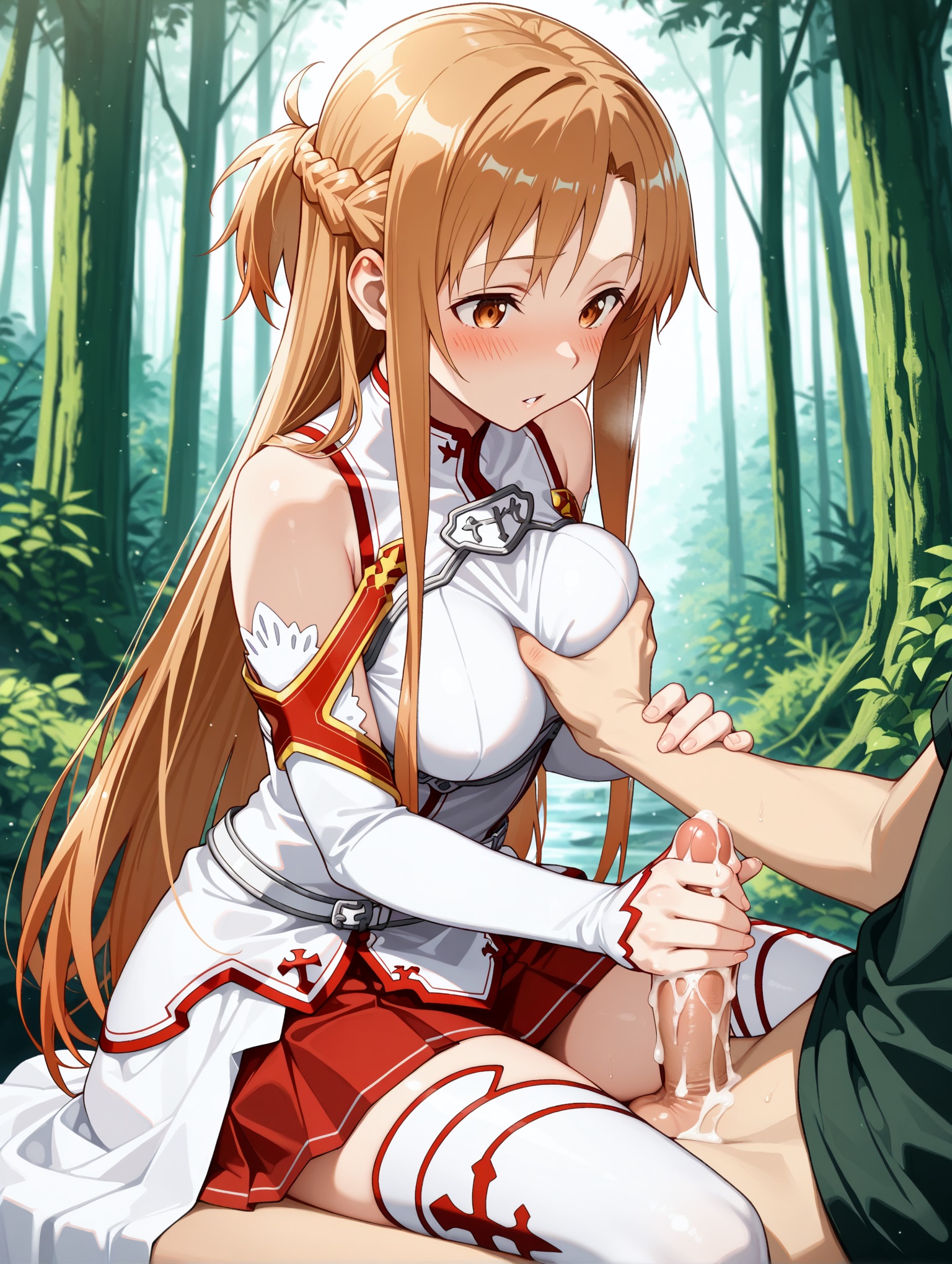 1boy, 1girls, ai generated, blush, blushing female, breasts, cowgirl position, cum, cum drip, cum on body, female, fondling, fondling breast, forest, forest background, grabbing, grabbing another's breast, grabbing breasts, handjob, high quality, high resolution, highres, kirito, male, orange eyes, orange hair, outdoor nudity, outdoors, outdoors nudity, rukiakira, sword art online, touching breast, yuuki asuna
