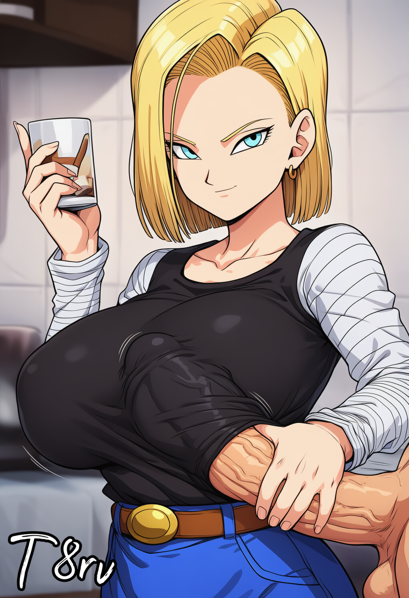 ai generated, android 18, big breasts, blonde female, blonde hair, blue eyes, boobjob, breasts, clothed, clothing, dragon ball, dragon ball super, dragon ball z, female, huge cock, male, penis, penis on breast, smile, smiling, t8r