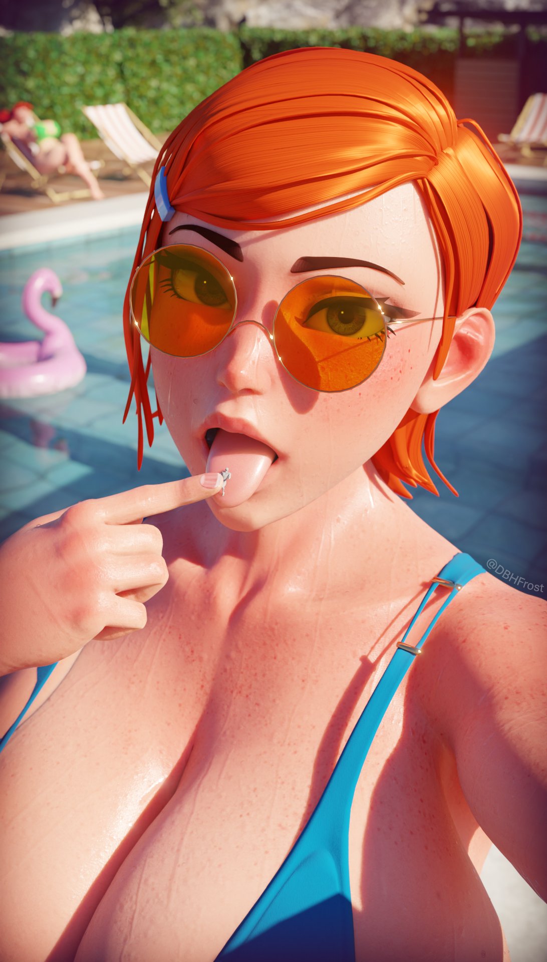 1boy, 2girls, 3d, anon, anonymous male, ben 10, ben 10 (classic), big breasts, bikini, breasts, dbhfrost, female, foster's home for imaginary friends, frankie foster, giantess, ginger, ginger female, ginger hair, gwen tennyson, gwen tennyson (classic), large boobs, large breasts, licking, light skin, light-skinned female, looking at viewer, male, orange hair, orange-haired female, out of focus, pool, pre-vore, scrag boy (model), scrag frankie, scrag gwen, shrunk, shrunken male, swimming pool