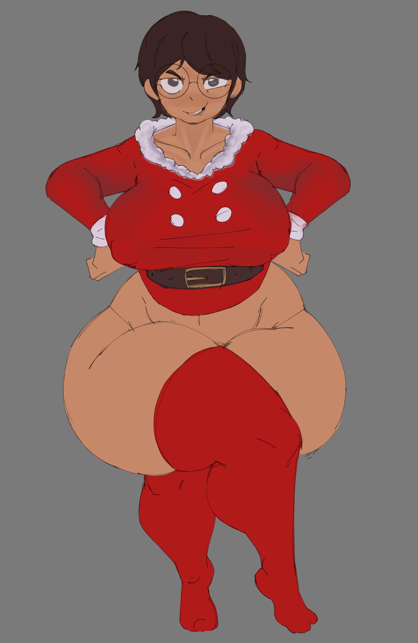 1girls, ass, big ass, big breasts, breasts, brown hair, brown skin, christmas, christmas outfit, christmas xwm turret pilot (tdx), crossed legs, feet, female, glasses, gray background, hoequinox, legs crossed, looking at viewer, nerdy female, official alternate costume, red clothing, roblox, roblox game, robloxian, short hair, sitting, smile, socks, tagme, thick thighs, thighhighs, thighs, tower defense x, xwm turret pilot (tdx)