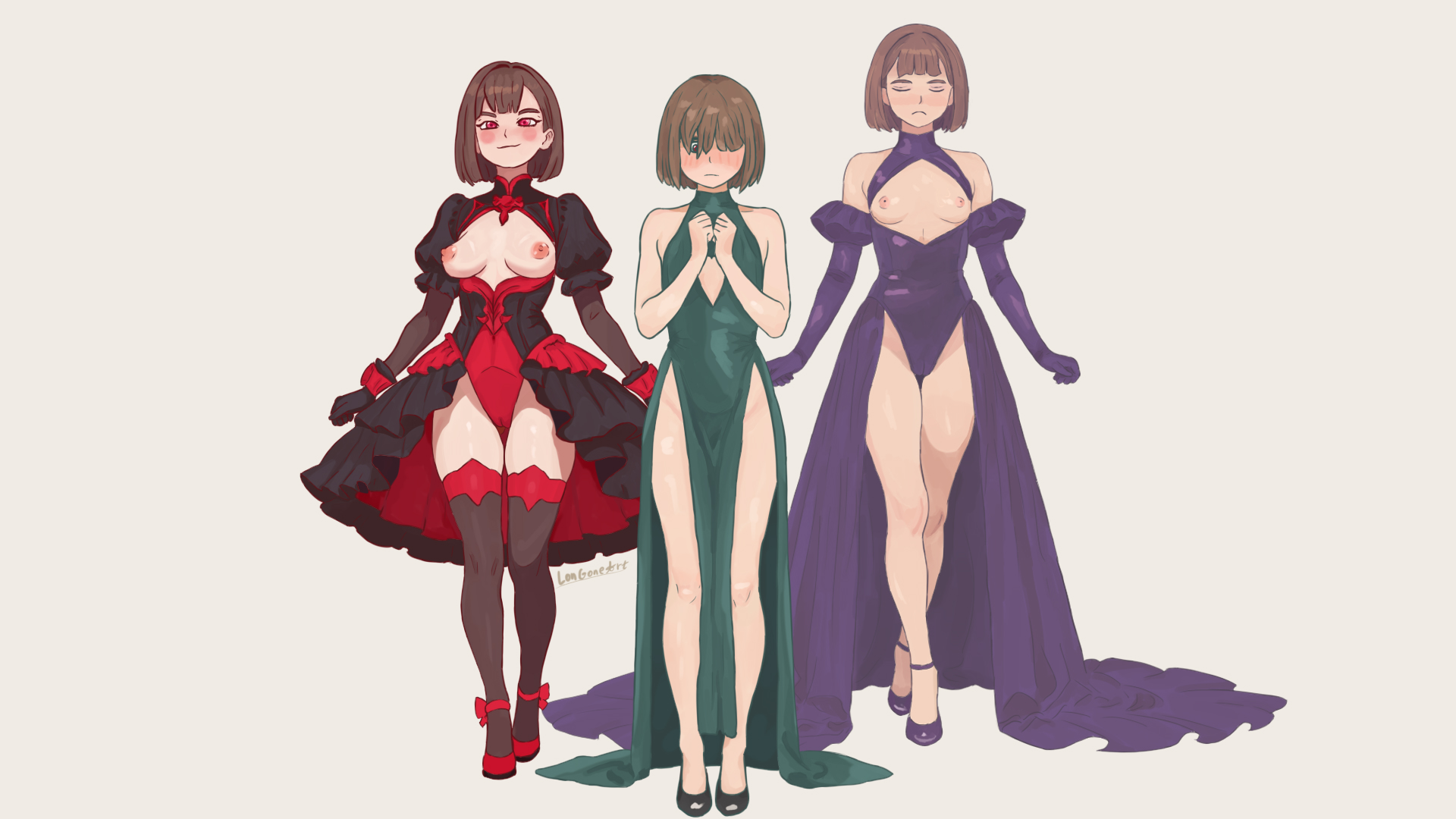 3others, ambiguous gender, artlongon, bare breasts, bare shoulders, blush, breastless clothing, breasts, breasts out, brown hair, camel toe, cameltoe, chara, chara (undertale), cleft of venus, closed eyes, deltarune, dress, exposed breasts, female, female chara, female frisk, frisk, frisk (undertale), kris (deltarune), male, medium breasts, nipples, no bra, no sex, perky breasts, plump labia, puffy pussy, pussy, pussy outline, red eyes, small breasts, thigh gap, thighhighs, thighs, tits out, trap, undertale, undertale (series), young
