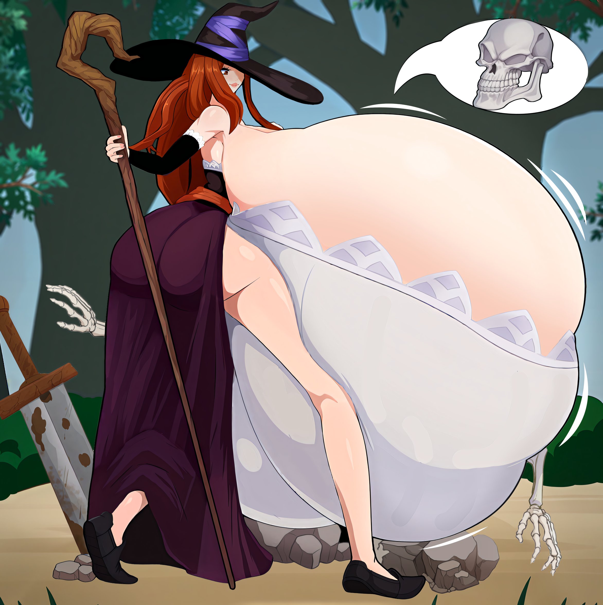 1boy, 1girls, between breasts, breast crush, breasts, breasts bigger than head, breasts bigger than torso, bursting breasts, dragon's crown, female, fruitybootydx, hyper, hyper breasts, long hair, male, massive breasts, meme, skeleton, skull, sorceress (dragon's crown), tagme
