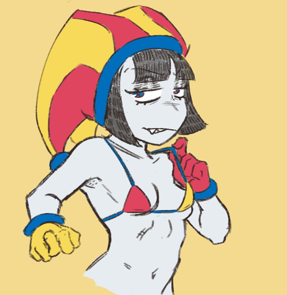 armpit, armpit fetish, armpit hair, armpit stubble, armpits, artist request, bikini, black hair, bob cut, breasts, evil pomni (the amazing digital circus), eyeshadow, fangs, female, flat chest, flat chested, glitch productions, gloves, jester, jester hat, jester outfit, navel, pomni, pomni (tadc), pomni (the amazing digital circus), seductive look, simple background, slim, slim female, small breasts, solo, the amazing digital circus, timegabagool, white skin, yellow background