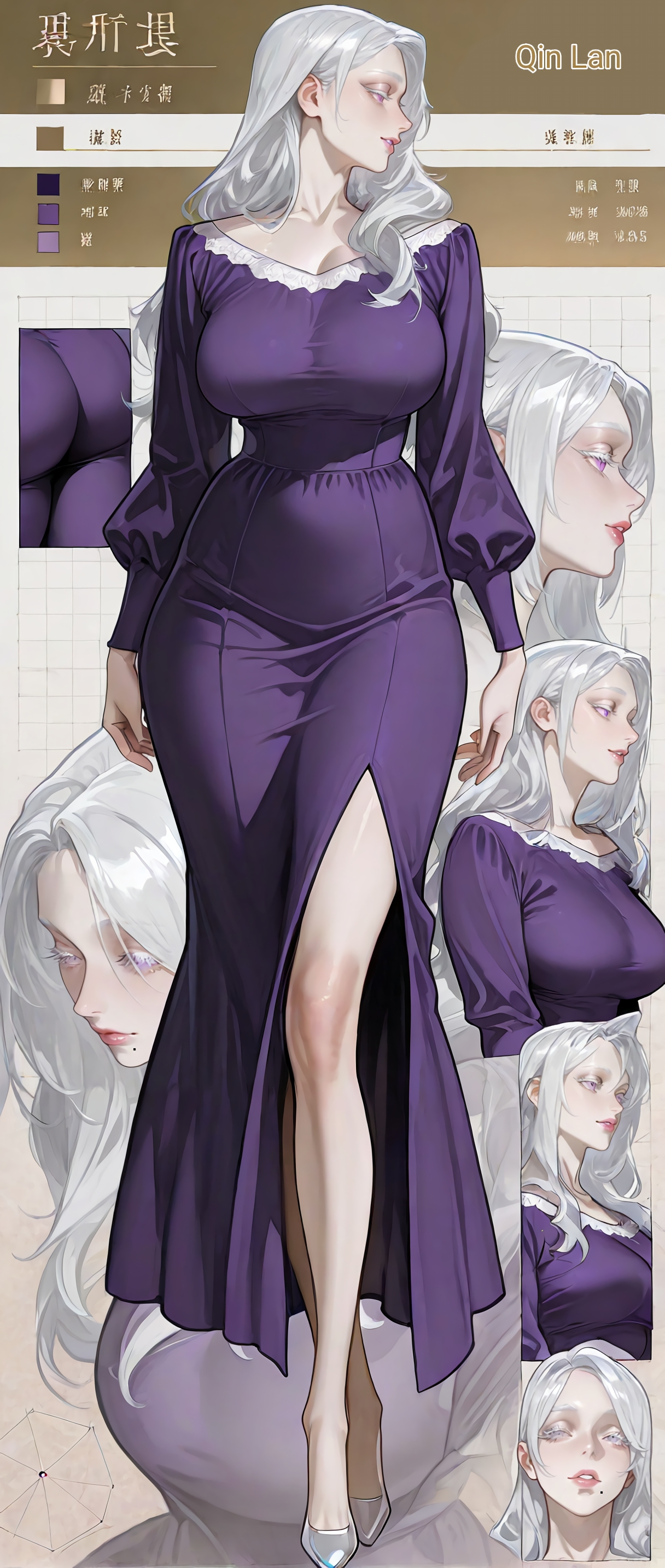 ai generated, ass, big ass, big breasts, breasts, character name, character sheet, cleavage, clothed, clothed female, clothing, collarbone, color, color palette, dress, female, female human, full body, high heels, highres, light skin, light-skinned female, long eyelashes, long hair, long legs, martial evolution, mature, mature female, milf, mole, mole under mouth, multiple poses, multiple views, pale skin, pale-skinned female, profile, purple clothing, purple eyes, qin lan, red lipstick, reneenjoyer, side view, silver hair, silver high heels, text, white eyelashes, white hair