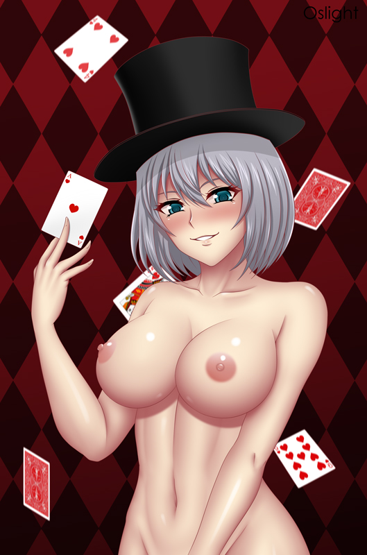 1girls, areolae, big breasts, blue eyes, breasts, card, female, female only, hair, hat, nipples, oslight, solo, tejina senpai, tejina senpai (character), white hair