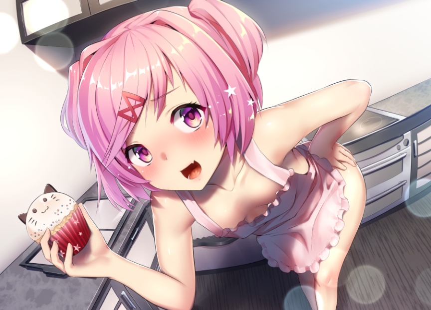 :d, apron, bangs, bent over, blush, breasts, collarbone, doki doki literature club, downblouse, eyebrows visible through hair, female, food, hair ornament, hairclip, holding, indoors, kitchen, looking at viewer, naked apron, natsuki (doki doki literature club), oerba yun fang, open mouth, pink eyes, pink hair, short hair, small breasts, smile, solo, standing, two side up, x hair ornament