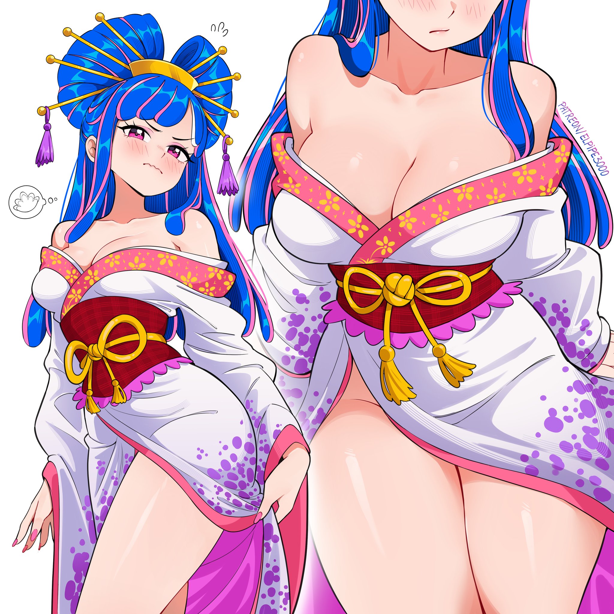 1girls, bare arms, bare legs, bare shoulders, bare thighs, big breasts, blue hair, blue-haired female, blush, breasts, clothed, clothing, color, elpipe3000, embarrassed, female, female focus, female only, hi res, horns, large breasts, light skin, light-skinned female, long hair, looking at viewer, multicolored hair, no bra, oiran, one piece, pink eyes, shounen jump, solo, solo female, tagme, thick thighs, ulti (one piece)