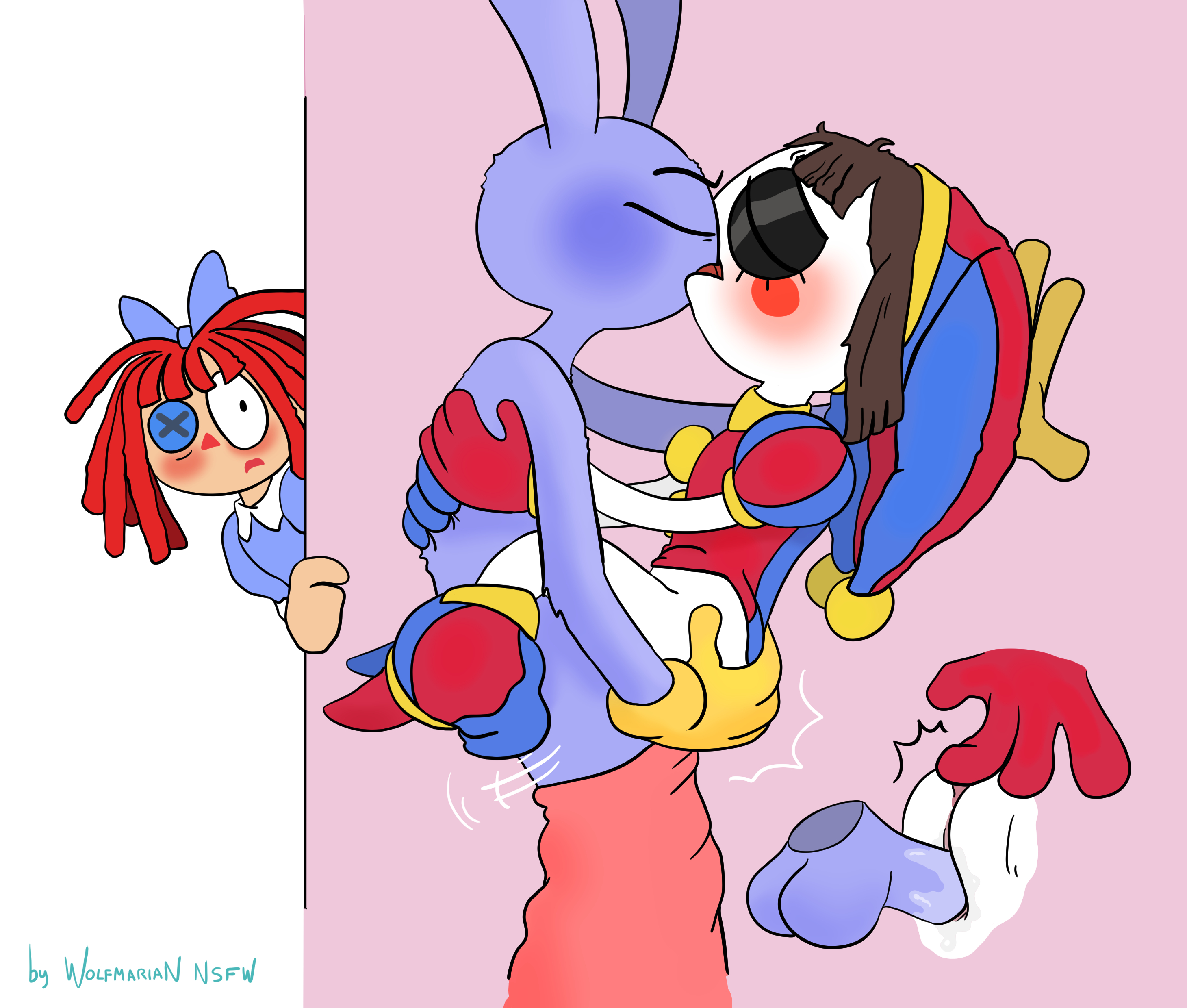 1boy, 1girls, blush, brown hair, caught, caught in the act, clitoral stimulation, clitoris, closed eyes, clothed, clothed sex, disembodied penis, duo, embarrassed, female, glitch productions, gloves, jax, jax (tadc), jax (the amazing digital circus), jester, jester hat, leaning against wall, male, male/female, masturbating while penetrated, masturbation, penis, pomni, pomni (tadc), pomni (the amazing digital circus), pounding pussy, public sex, pussy, ragatha, ragatha (tadc), ragatha (the amazing digital circus), self masturbation, sloppy kiss, straight, straight sex, the amazing digital circus, tongue kiss, vaginal fluids, vaginal penetration, wolfmarian
